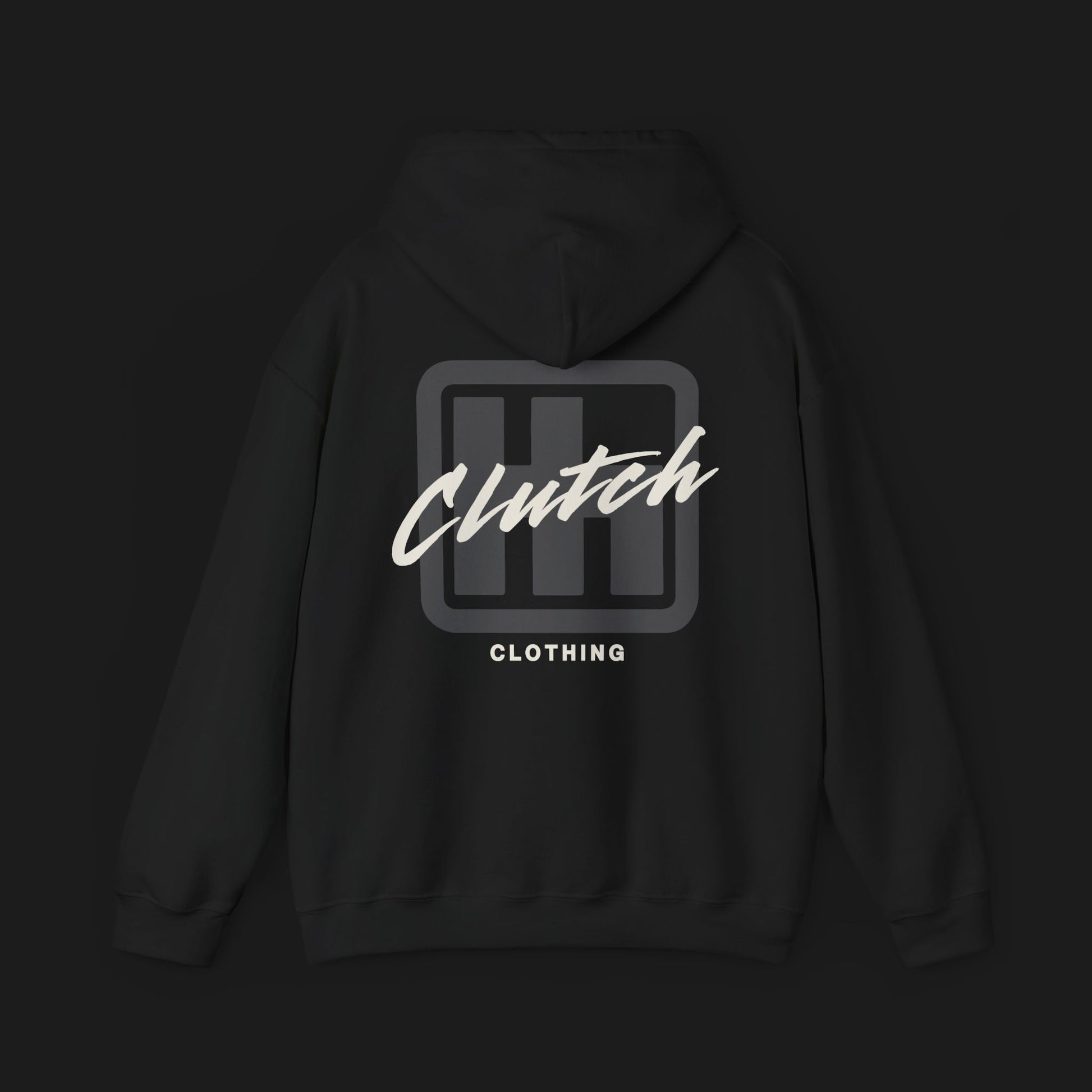 Back of Clutch Clothing Unisex Automotive Graphic Hoodie – Black hoodie featuring a bold 'Clutch' logo with a stylized 'H' shifter design and script text overlay. Ideal for car enthusiasts and casual streetwear."