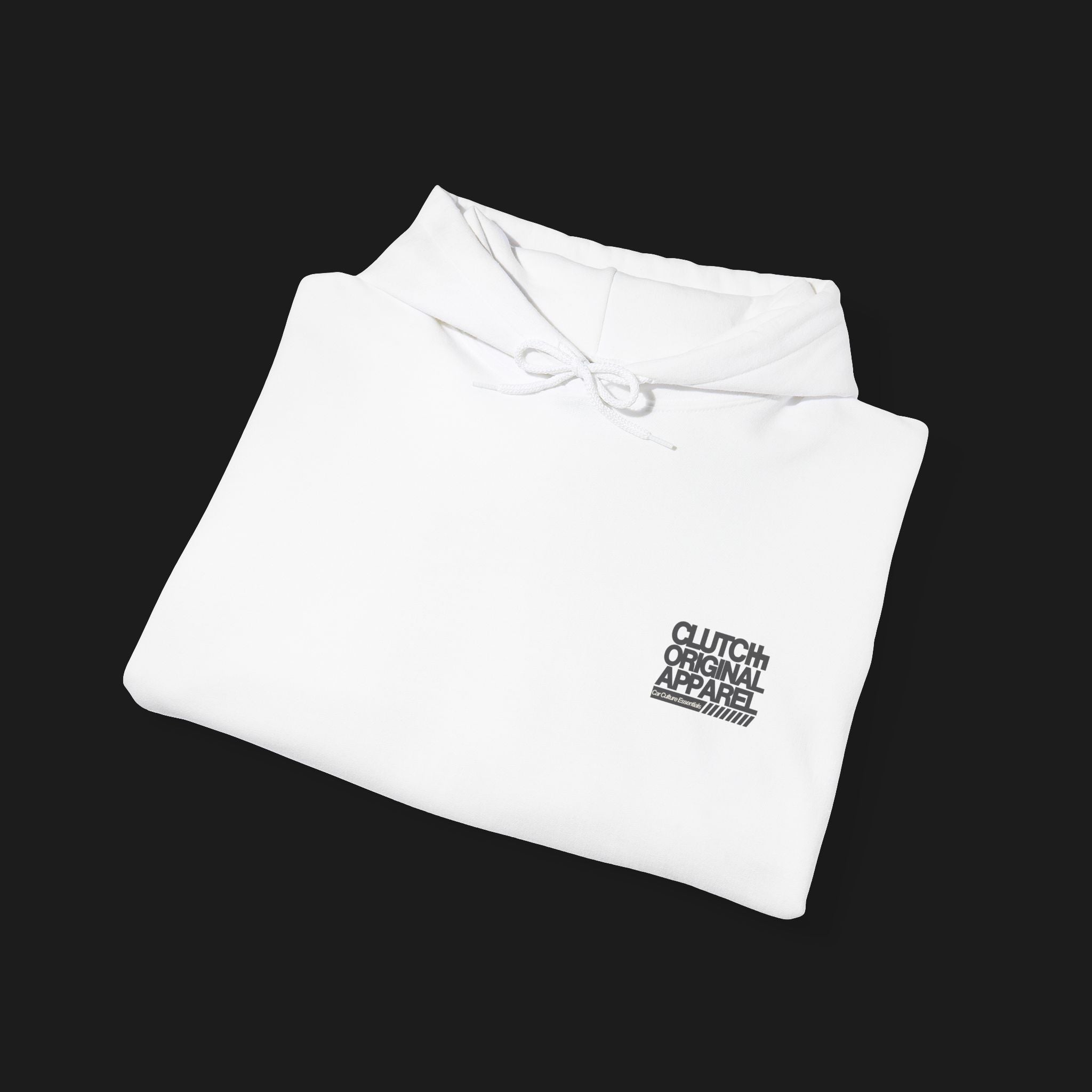Folded Front Clutch Retro Automotive Hoodie – White unisex hoodie featuring a minimalist 'Clutch' logo with geometric shapes in beige and black outlines. Perfect for car enthusiasts and everyday casual wear.