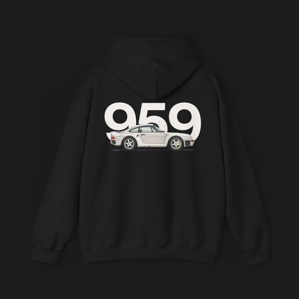 Back of 959 Classic Automotive Graphic Hoodie – Black unisex hoodie featuring a side profile of a Porsche 959 with large '959' text in white. Perfect for classic car and Porsche enthusiasts.