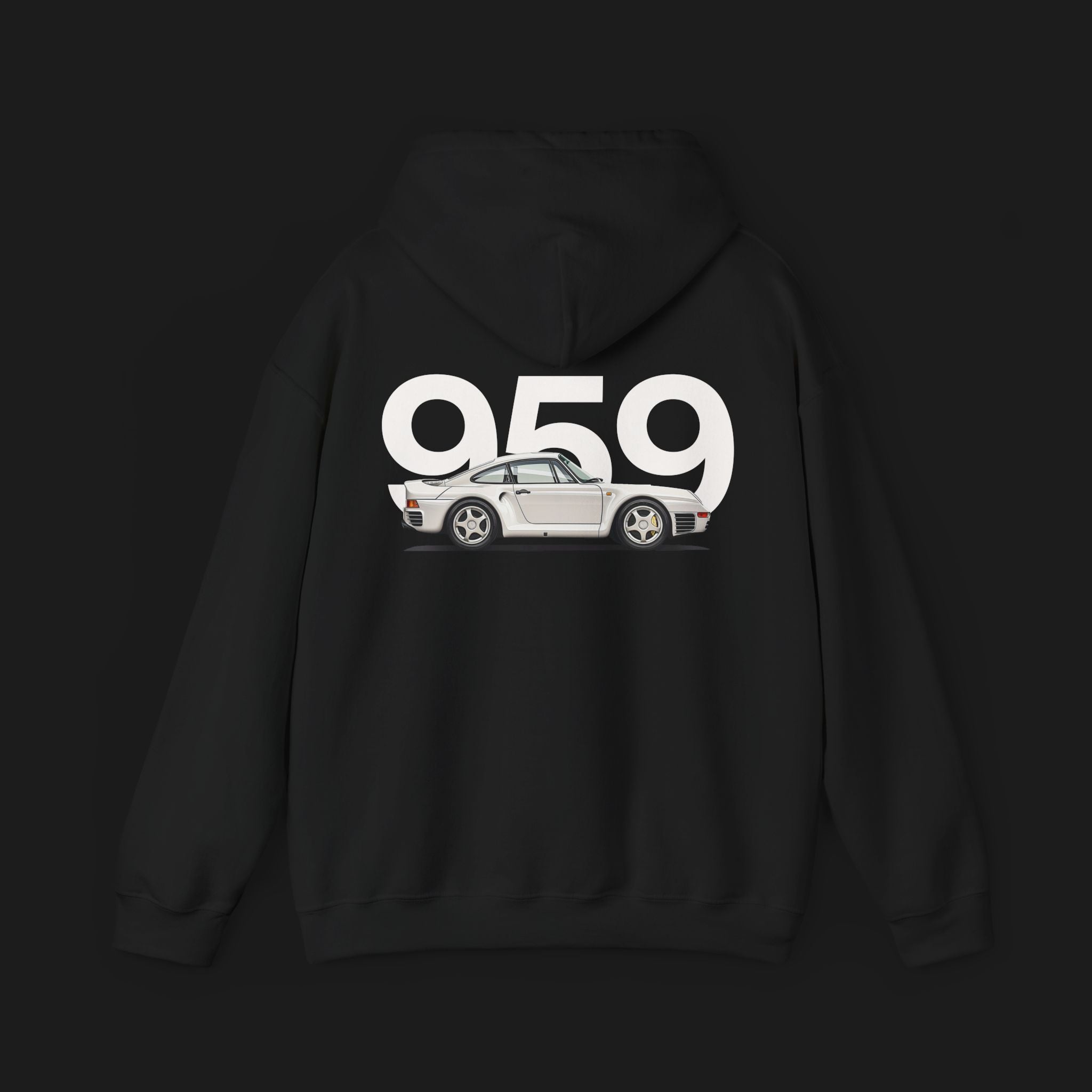 Back of 959 Classic Automotive Graphic Hoodie – Black unisex hoodie featuring a side profile of a Porsche 959 with large '959' text in white. Perfect for classic car and Porsche enthusiasts.