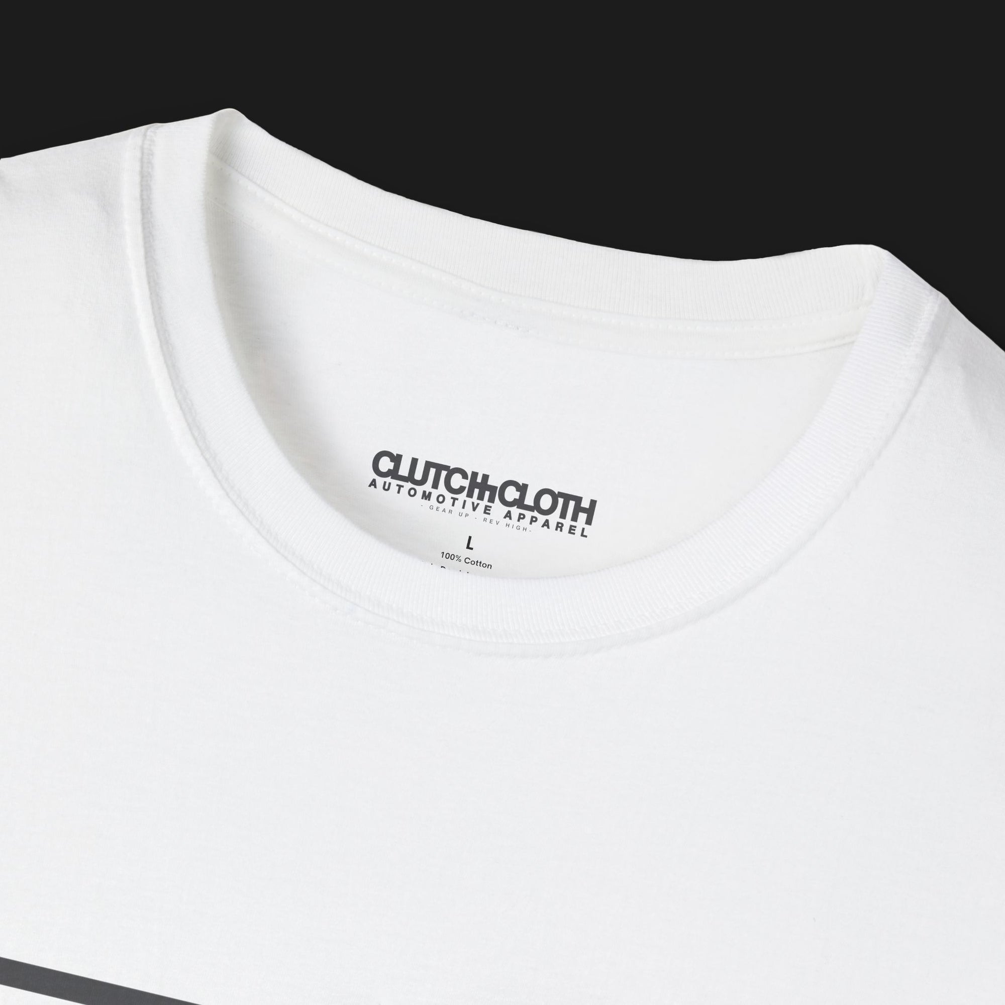 Close up collar for Drive Automotive Graphic T-Shirt – White tee featuring bold "DRIVE" text with gear-inspired detailing. Perfect gift for car enthusiasts and racing fans.