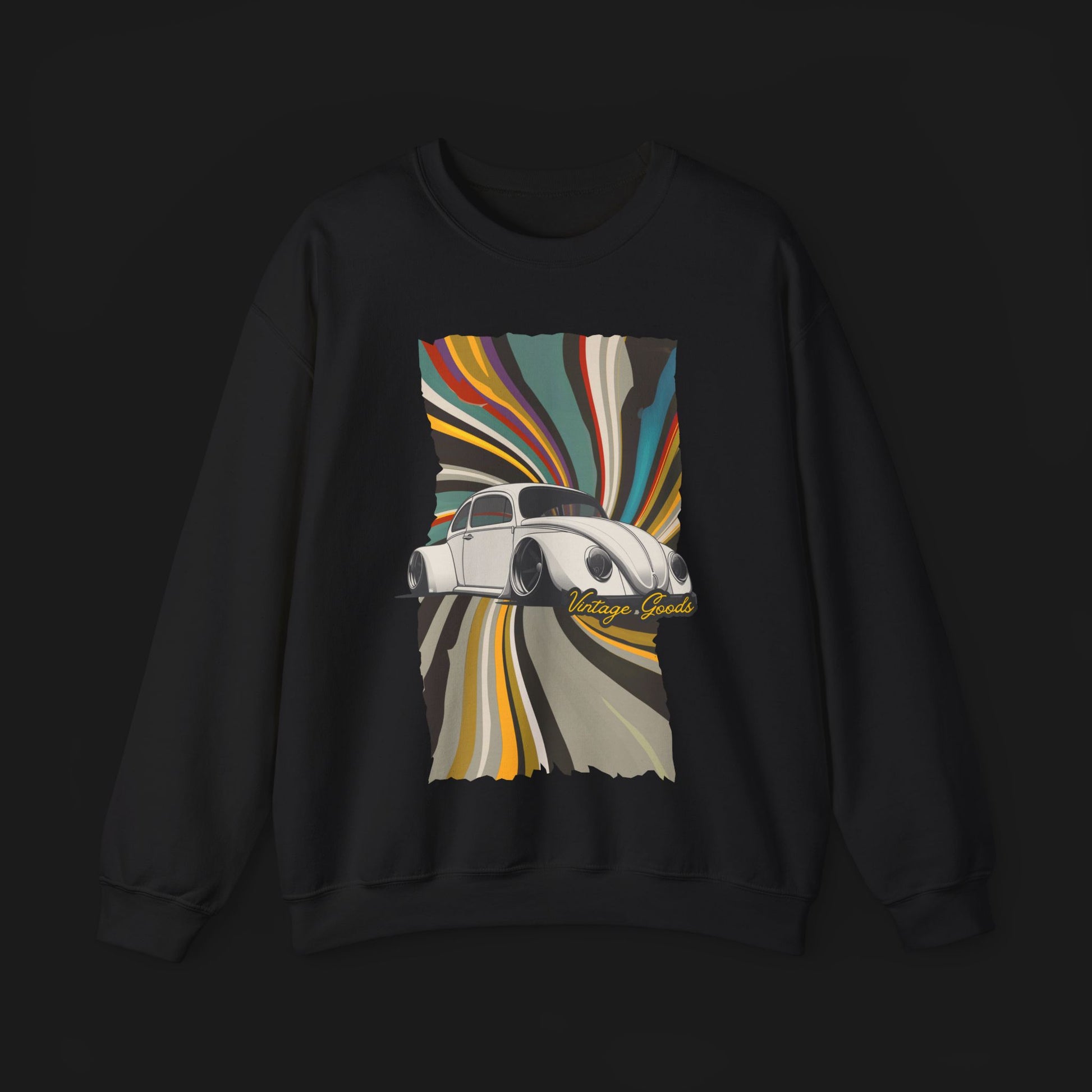 Front of Vintage Goods Bug Automotive Graphic Crewneck – Black unisex sweater featuring a classic Volkswagen Beetle with a colorful retro swirl background. Ideal for vintage car enthusiasts and retro style lovers.