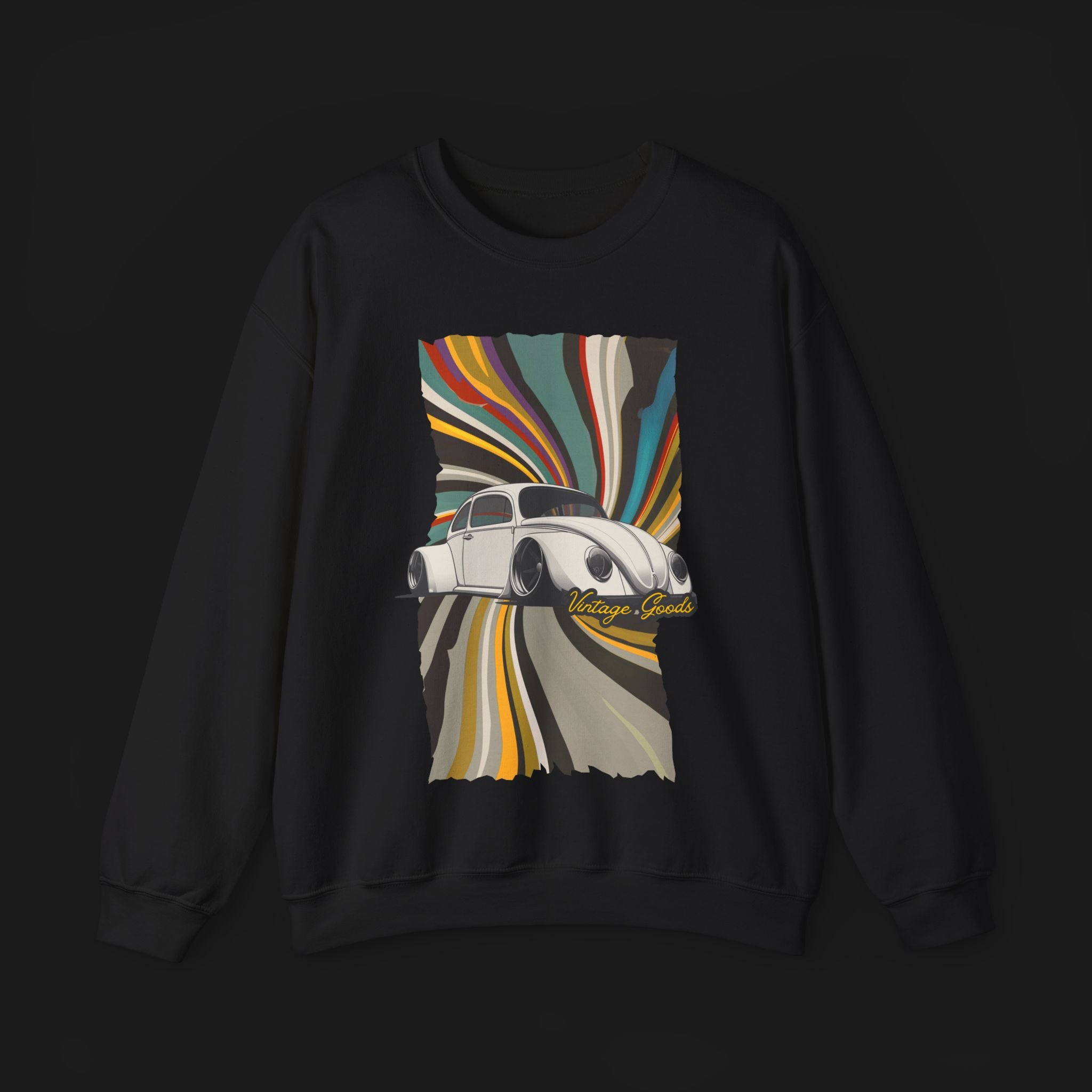 Front of Vintage Goods Bug Automotive Graphic Crewneck – Black unisex sweater featuring a classic Volkswagen Beetle with a colorful retro swirl background. Ideal for vintage car enthusiasts and retro style lovers.