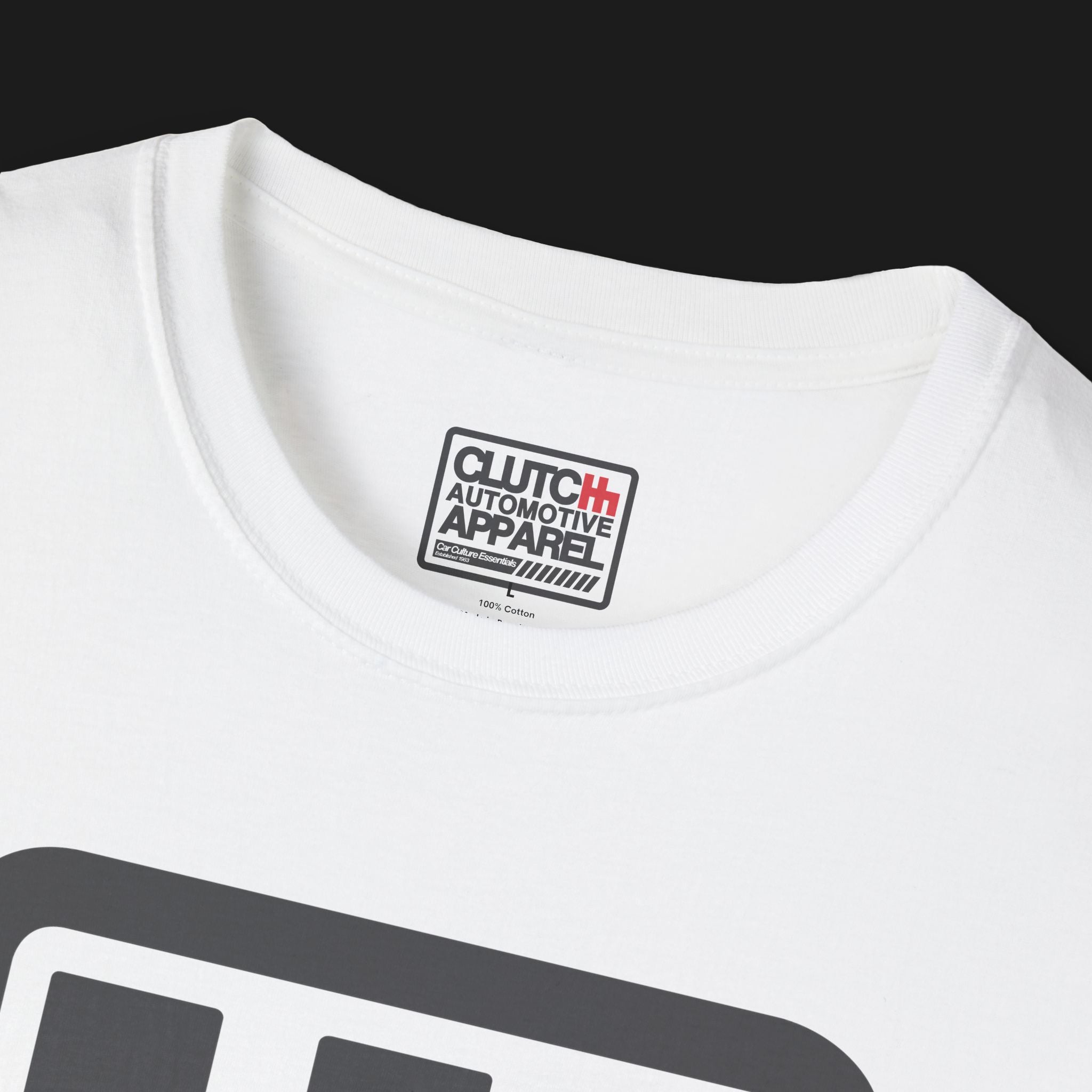 Collar of PRNDL Shifter Automotive Graphic T-Shirt – White unisex tee featuring a grey gated shifter graphic with 'PRNDL' in red. Ideal gift for car enthusiasts and manual transmission fans.