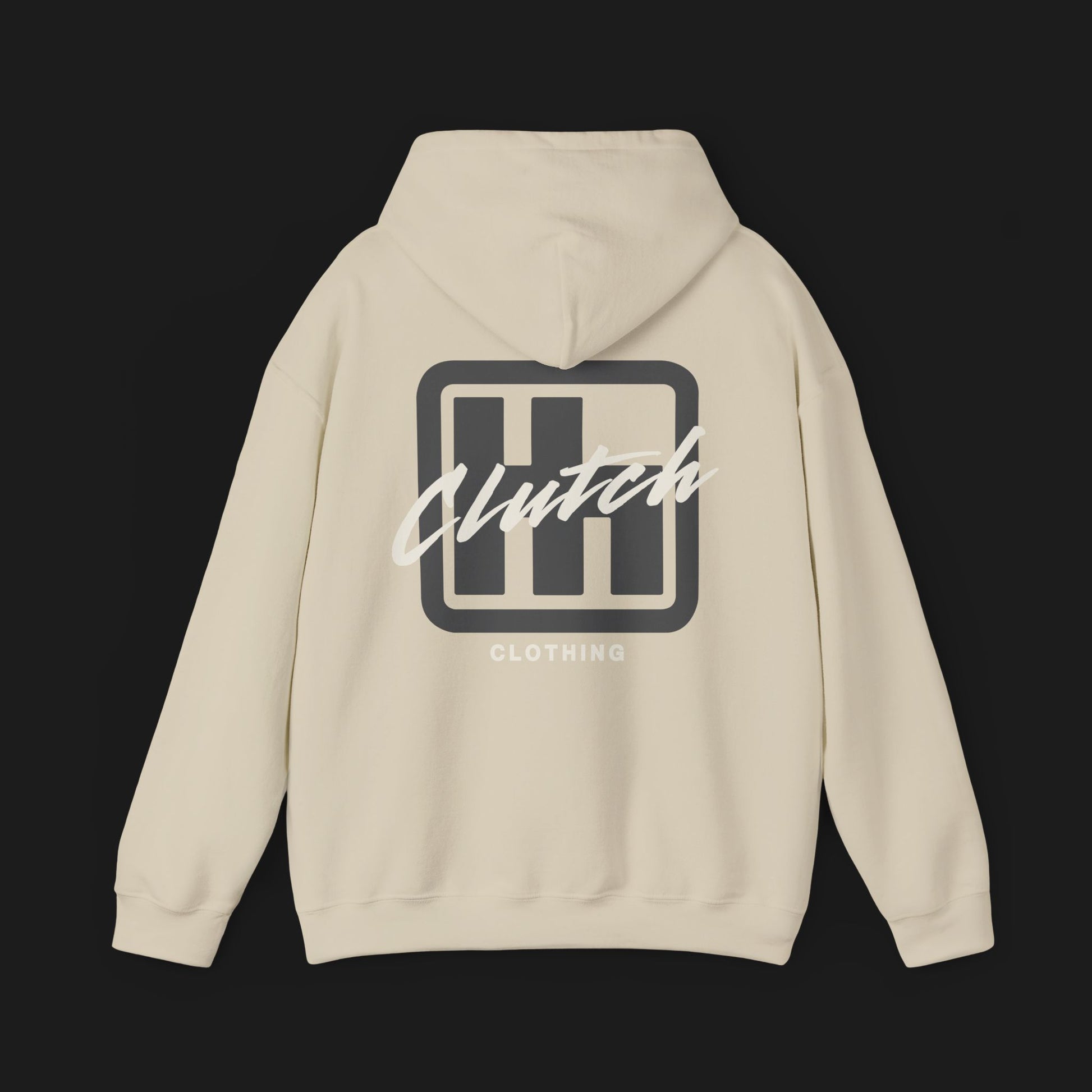 Back of Clutch Clothing Unisex Automotive Graphic Hoodie – Beige hoodie featuring a bold 'Clutch' logo with a stylized 'H' shifter design and script text overlay. Ideal for car enthusiasts and casual streetwear."