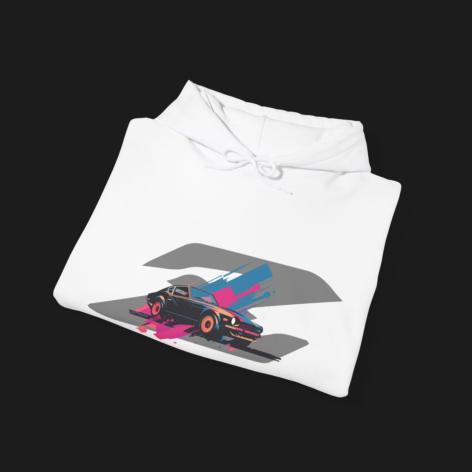 Folded Retro 280Z Automotive Graphic Hoodie – White unisex hoodie featuring a colorful retro design of a Nissan 280Z with vibrant pink, blue, and gray geometric background. Ideal for classic JDM and car lovers.