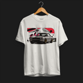 Front of 1970 2000GT-R Fuji Speedway Heritage Automotive Graphic T-Shirt – White unisex tee featuring a classic 1970 2000GT-R in front of a stylized Fuji Speedway background in red and white. Ideal gift for vintage car enthusiasts and JDM lovers.
