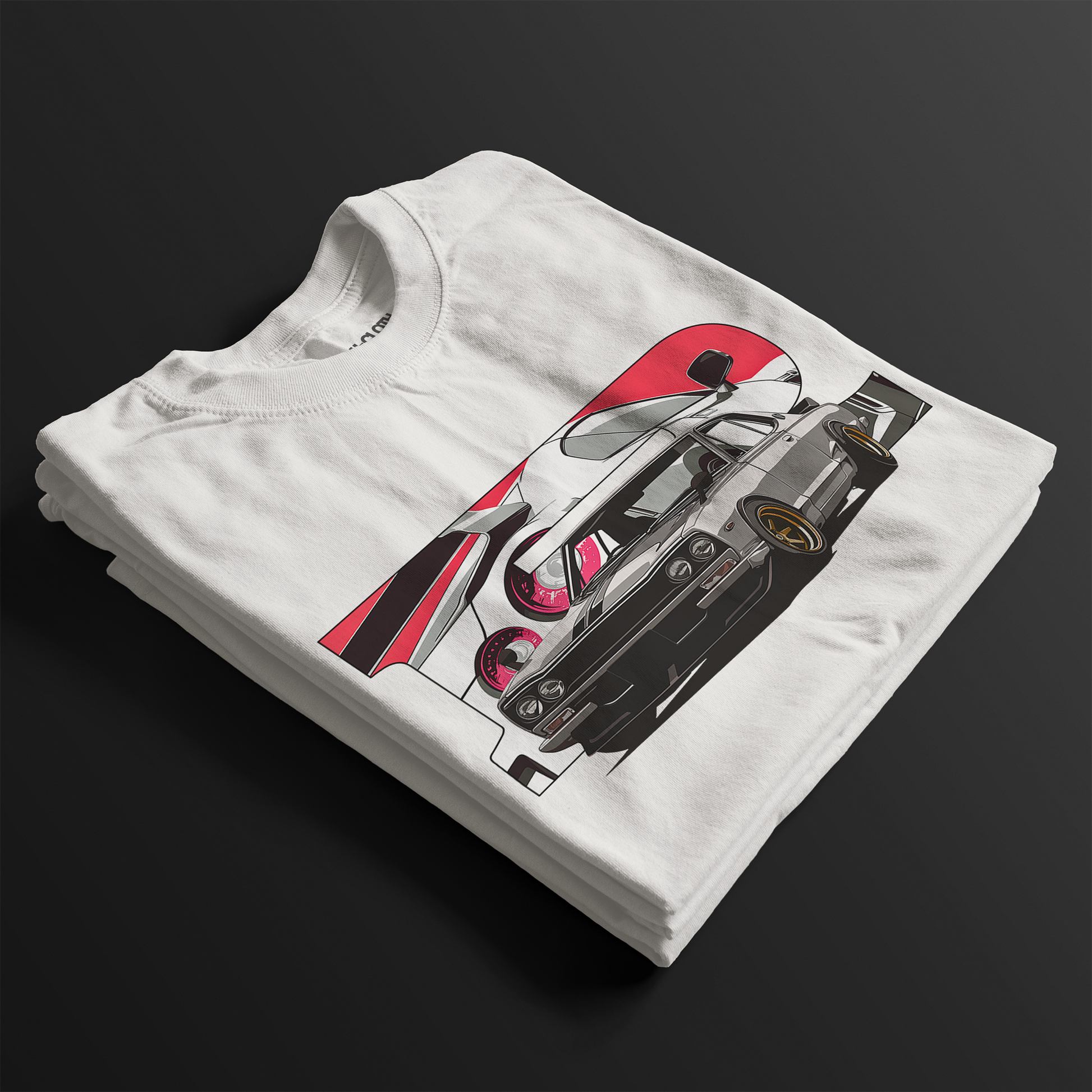 Folded 1970 2000GT-R Fuji Speedway Heritage Automotive Graphic T-Shirt – White unisex tee featuring a classic 1970 2000GT-R in front of a stylized Fuji Speedway background in red and white. Ideal gift for vintage car enthusiasts and JDM lovers.