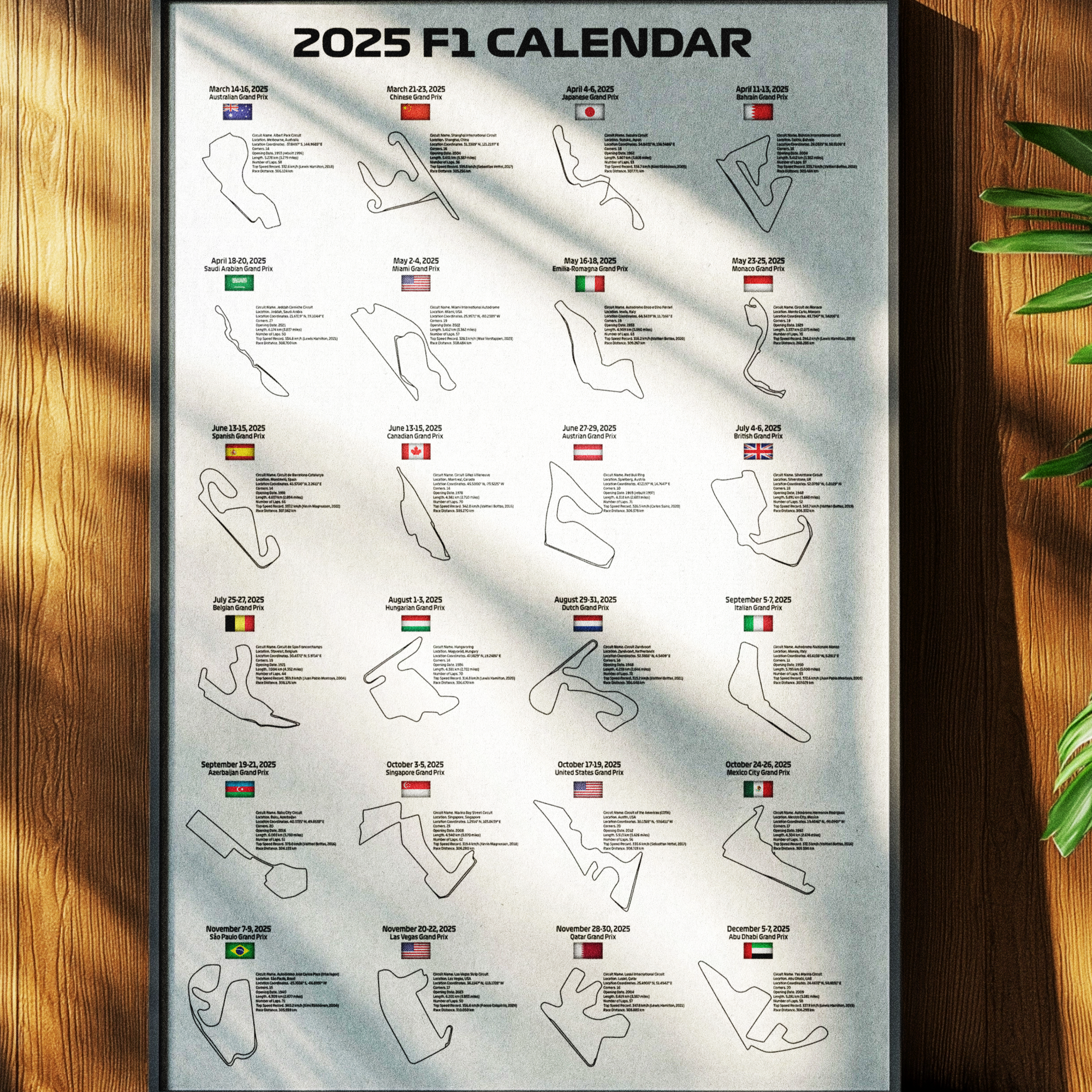 2025 Formula 1 Calendar Poster – Stylish vertical poster displaying the complete 2025 F1 race calendar with track layouts and dates. Ideal gift for F1 fans and motorsport enthusiasts.