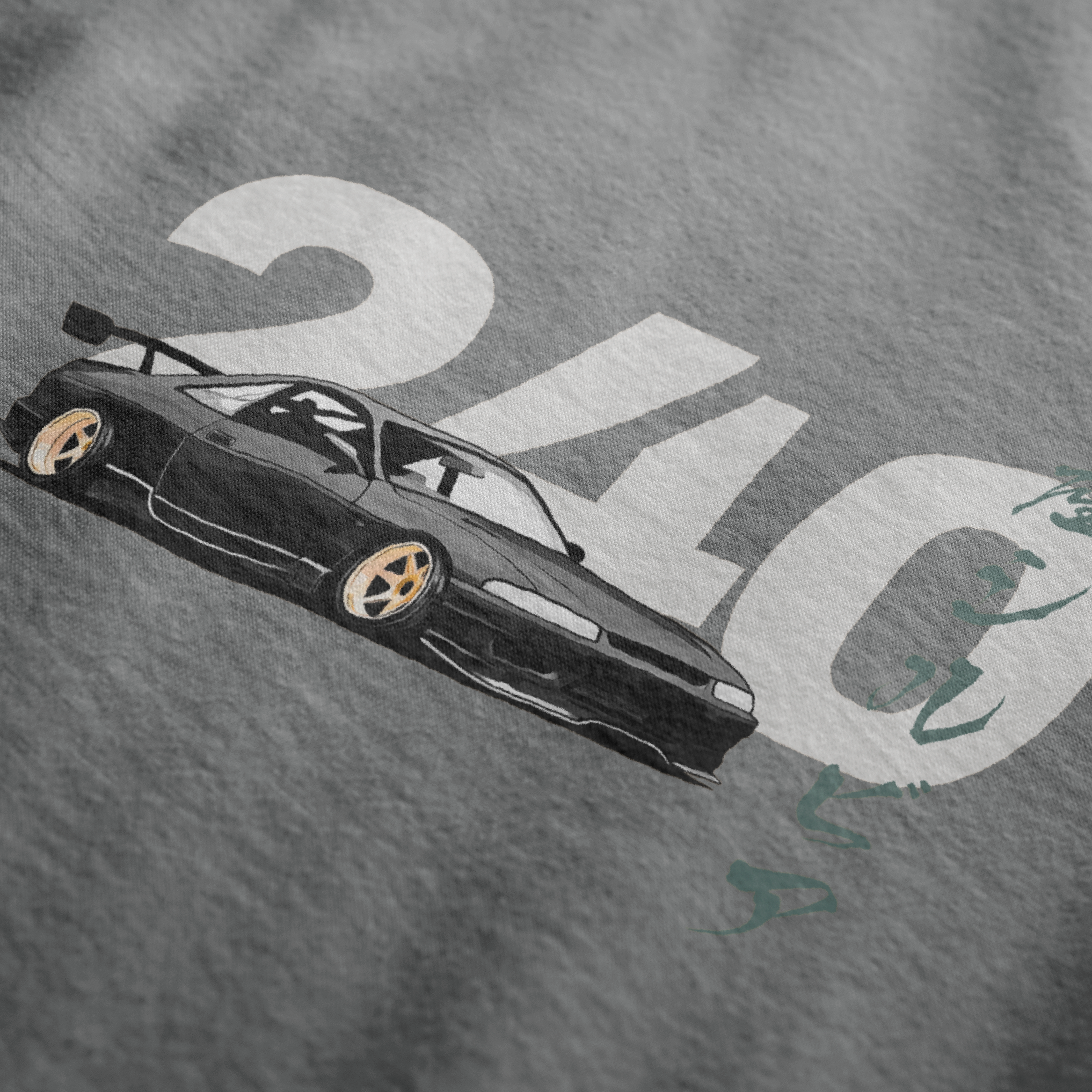 Close up of charcoal 240 Drift Culture Automotive Graphic T-Shirt design featuring a 240 car drifting design, unisex car culture gift"