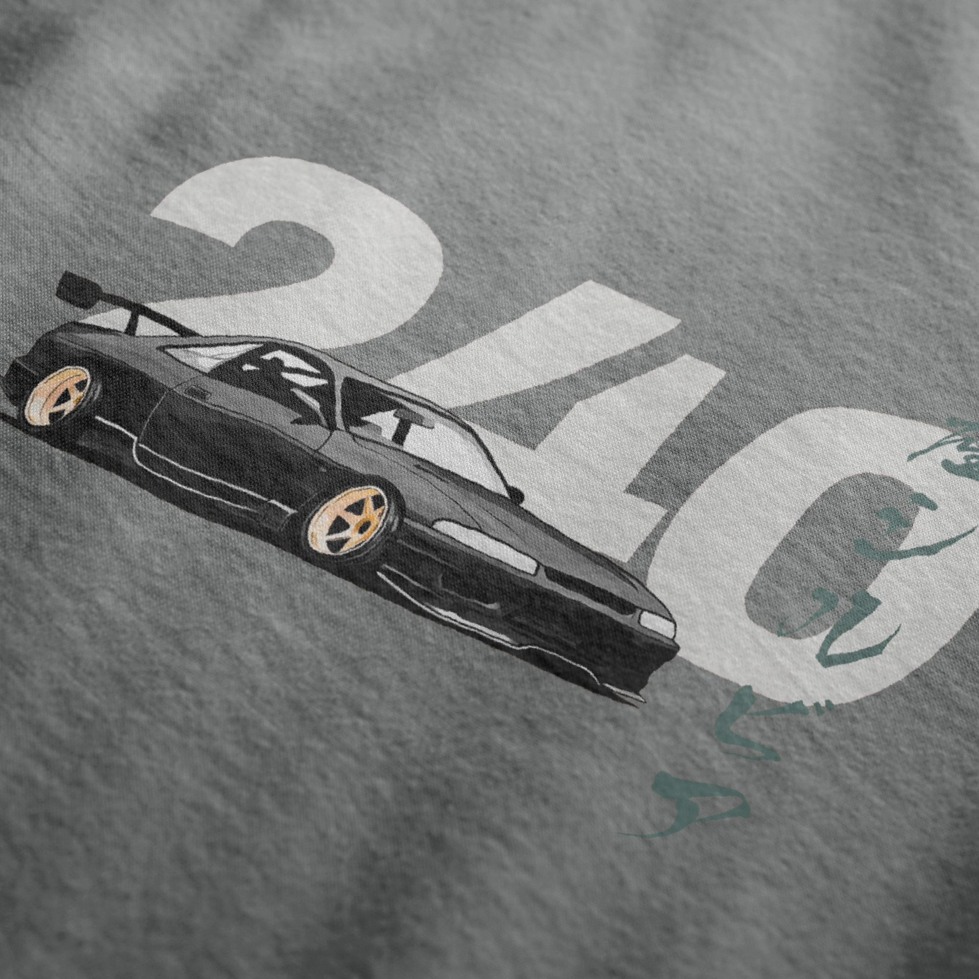 Close up of charcoal 240 Drift Culture Automotive Graphic T-Shirt design featuring a 240 car drifting design, unisex car culture gift"