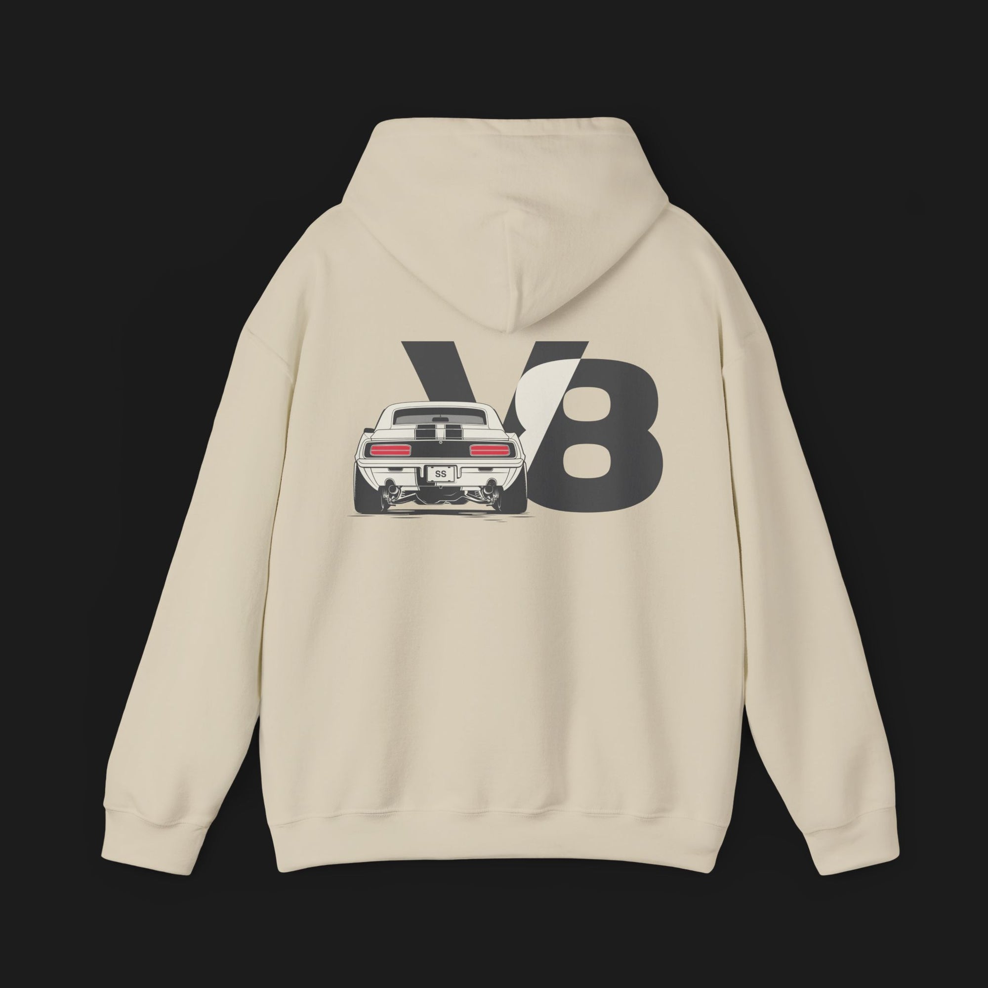 Back of 69 SS V8 Automotive Graphic Hoodie – Beige unisex hoodie featuring a detailed rear view of a 1969 Camaro SS with bold 'V8' lettering in black. Perfect for muscle car enthusiasts.