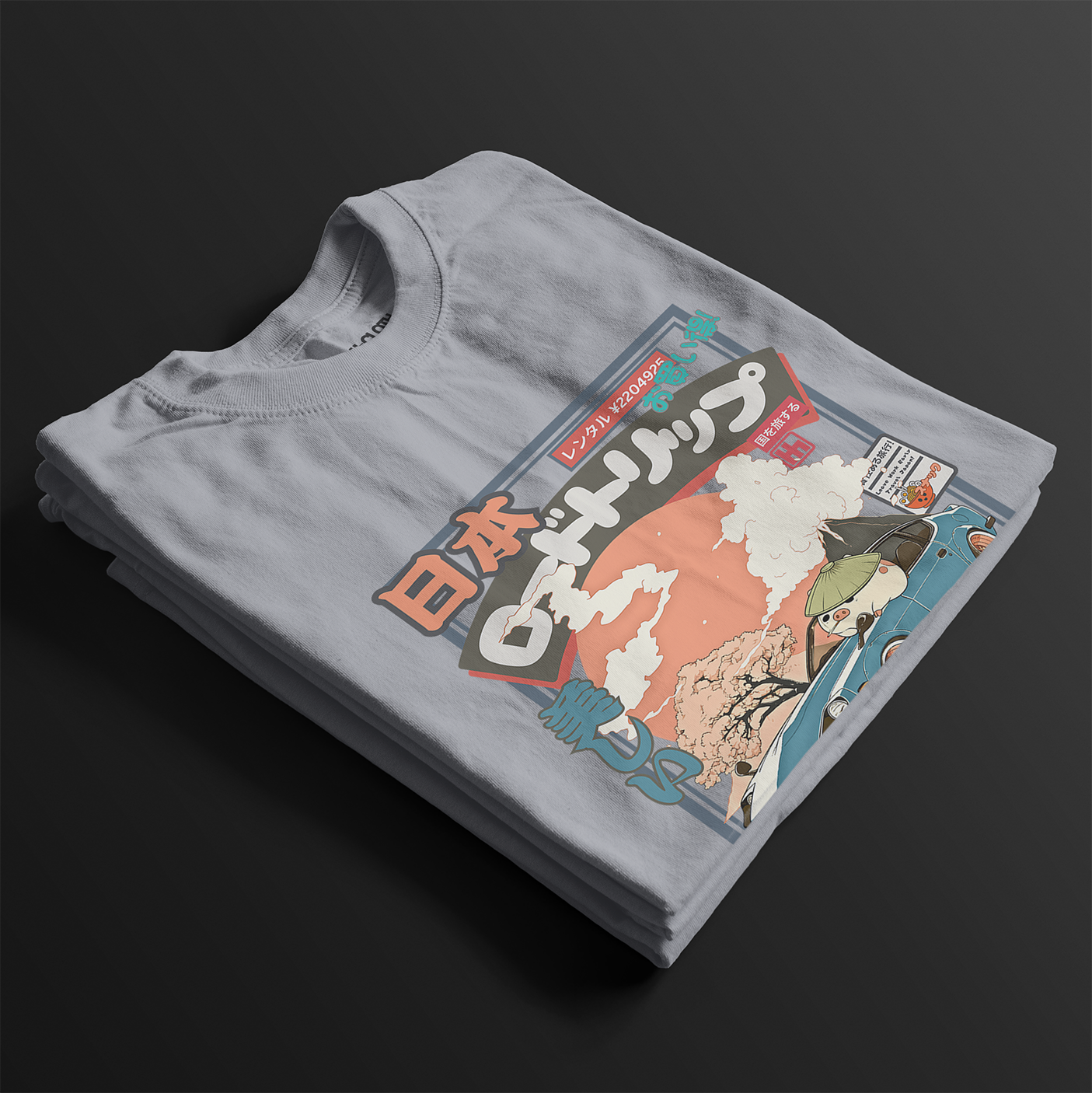 folded 280Z Travel Japan Automotive Graphic T-Shirt – light grey tee featuring a vintage Datsun 280Z with Japanese travel-inspired artwork. Perfect gift for JDM fans, car enthusiasts, and retro automotive lovers.