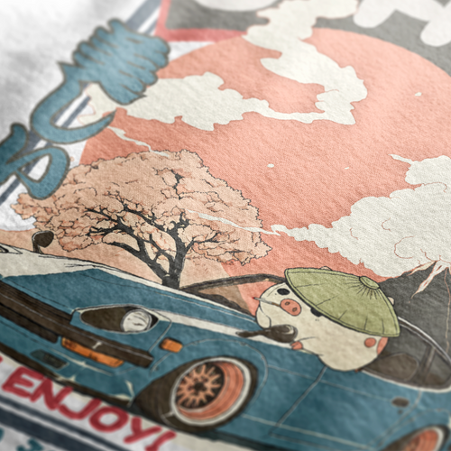 Close up design of 280Z Travel Japan Automotive Graphic T-Shirt – White tee featuring a vintage Datsun 280Z with Japanese travel-inspired artwork. Perfect gift for JDM fans, car enthusiasts, and retro automotive lovers.