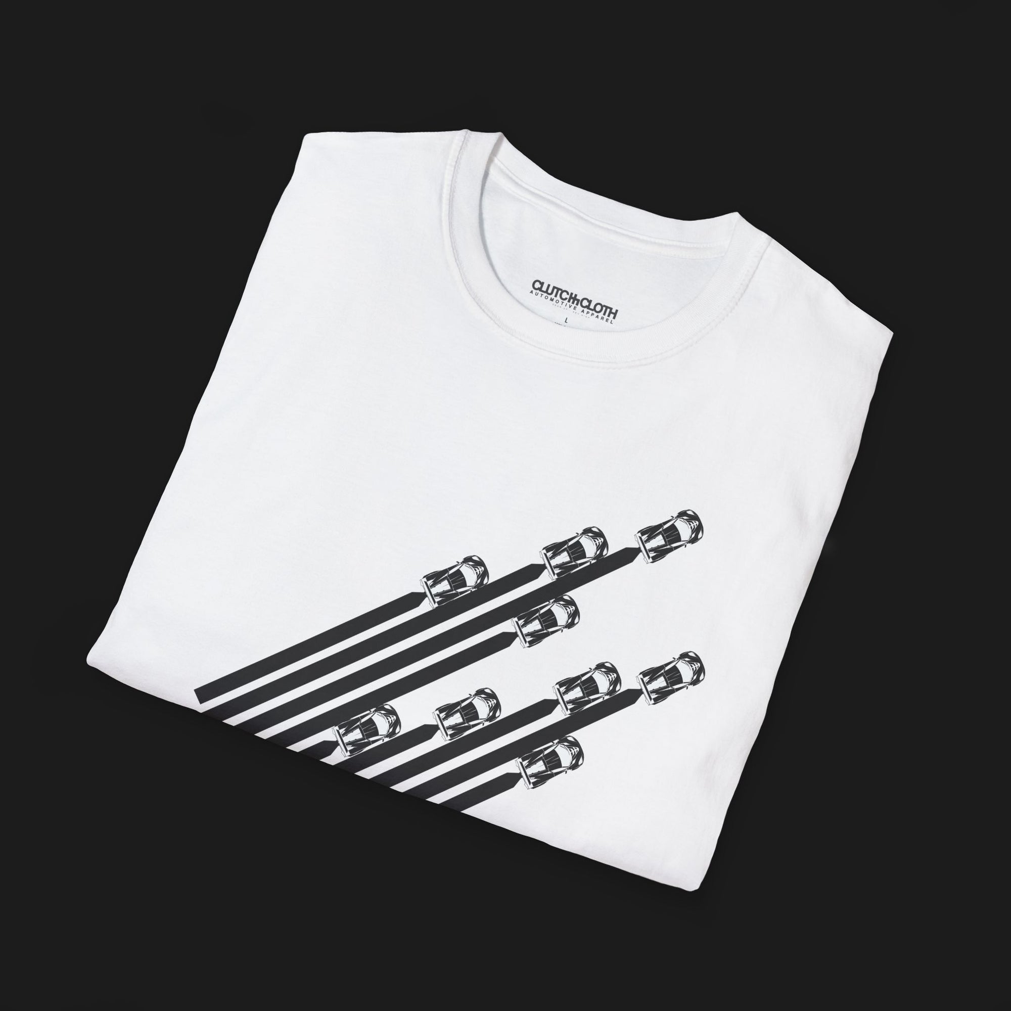 Folded V8 Racing Stripes Automotive Graphic T-Shirt – White unisex tee featuring a series of sleek black racing stripes with V8 cars in a diagonal formation. Perfect gift for motorsport and muscle car enthusiasts.