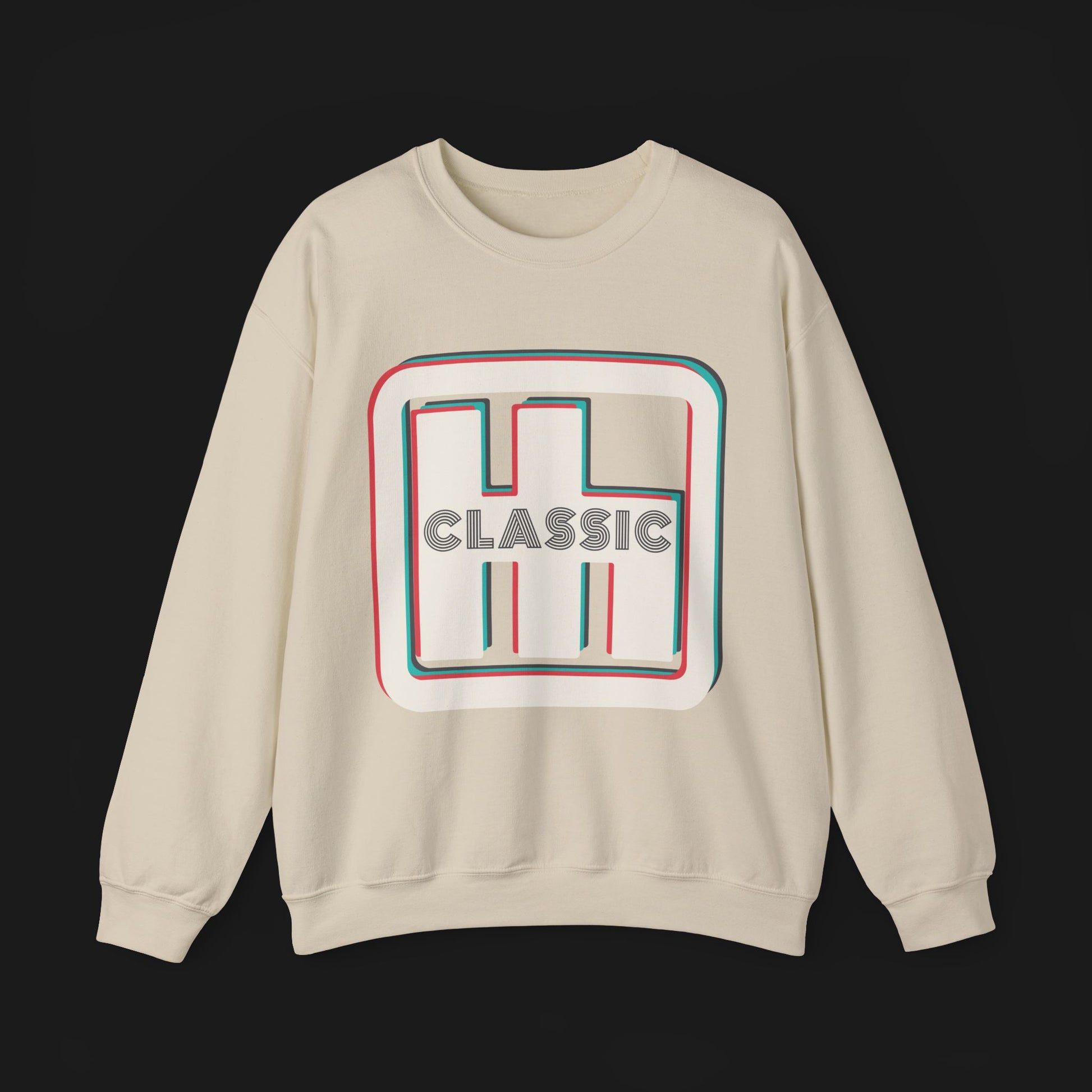 Front of Clutch Classic Automotive Graphic Crewneck – Beige unisex crewneck sweater featuring a retro 'Clutch' logo with a bold outlined design in red, blue, and white. Perfect for car enthusiasts and casual wear.