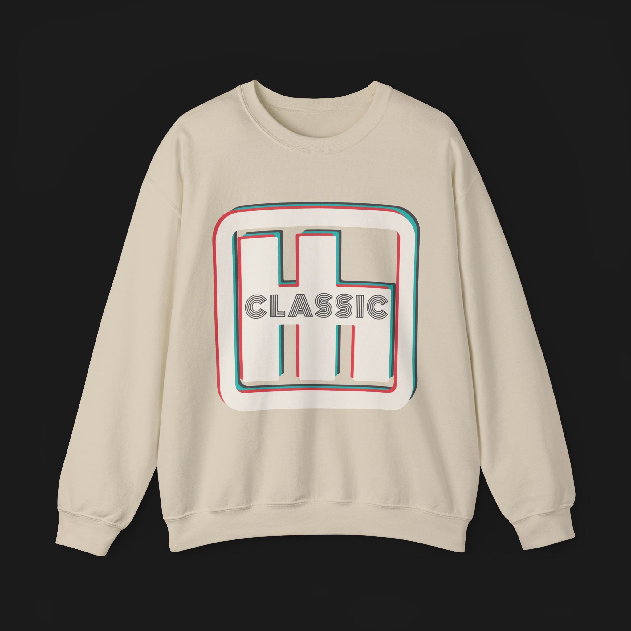 Front of Clutch Classic Automotive Graphic Crewneck – Beige unisex crewneck sweater featuring a retro 'Clutch' logo with a bold outlined design in red, blue, and white. Perfect for car enthusiasts and casual wear.