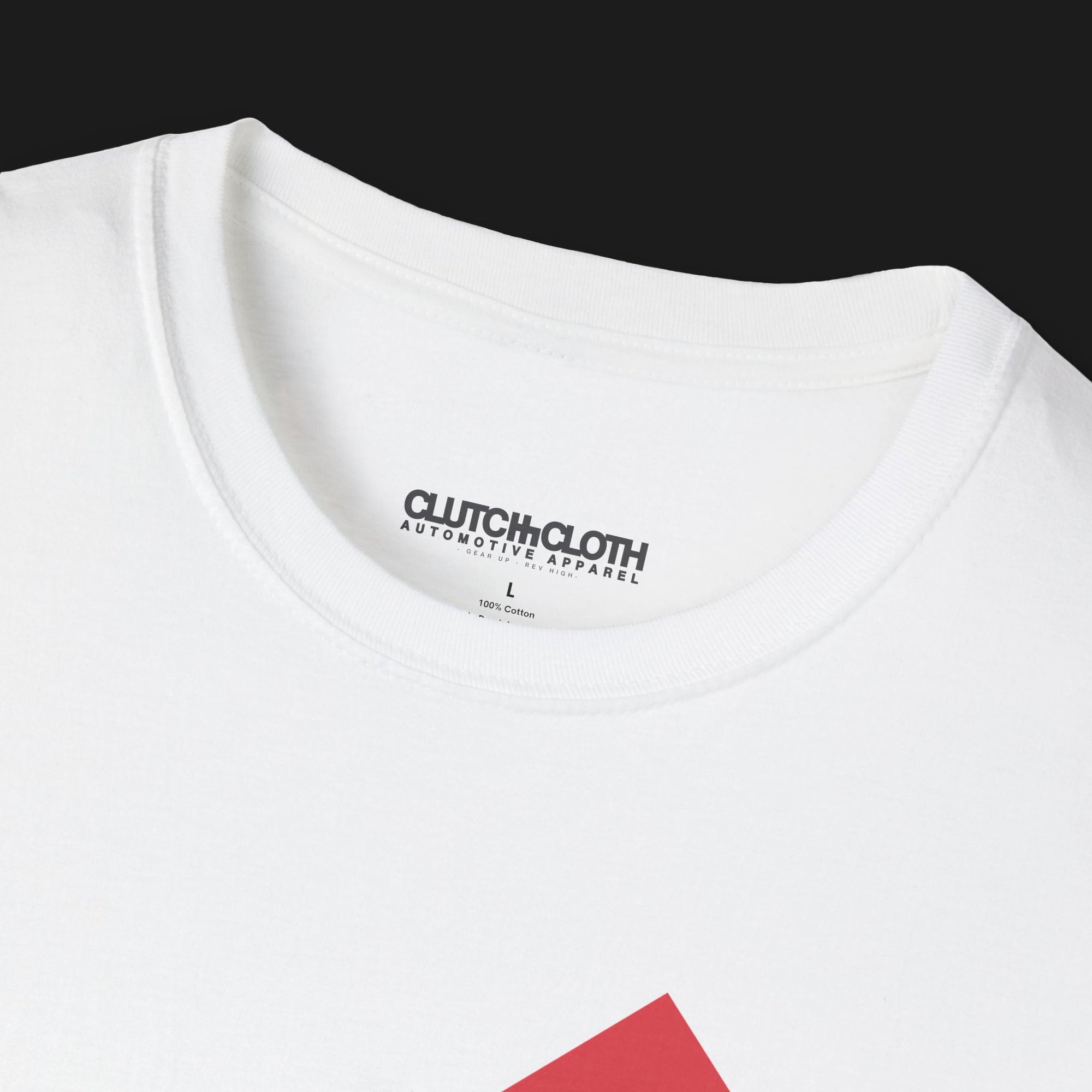 Collar of 911 GT-R Nemesis, Forever Rivals Automotive Graphic T-Shirt – White unisex tee featuring a front-facing Porsche 911 and GT-R graphic with a red geometric background. Perfect gift for car enthusiasts and JDM fans.