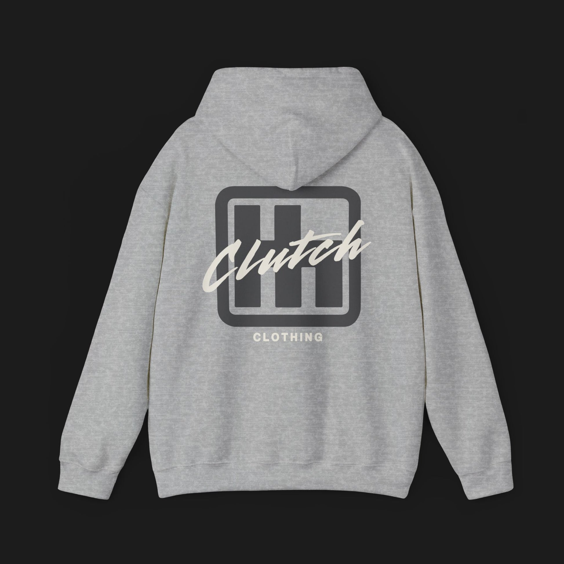 Clutch Clothing Unisex Automotive Graphic Hoodie – Sport Grey hoodie featuring a bold 'Clutch' logo with a stylized 'H' shifter design and script text overlay. Ideal for car enthusiasts and casual streetwear."