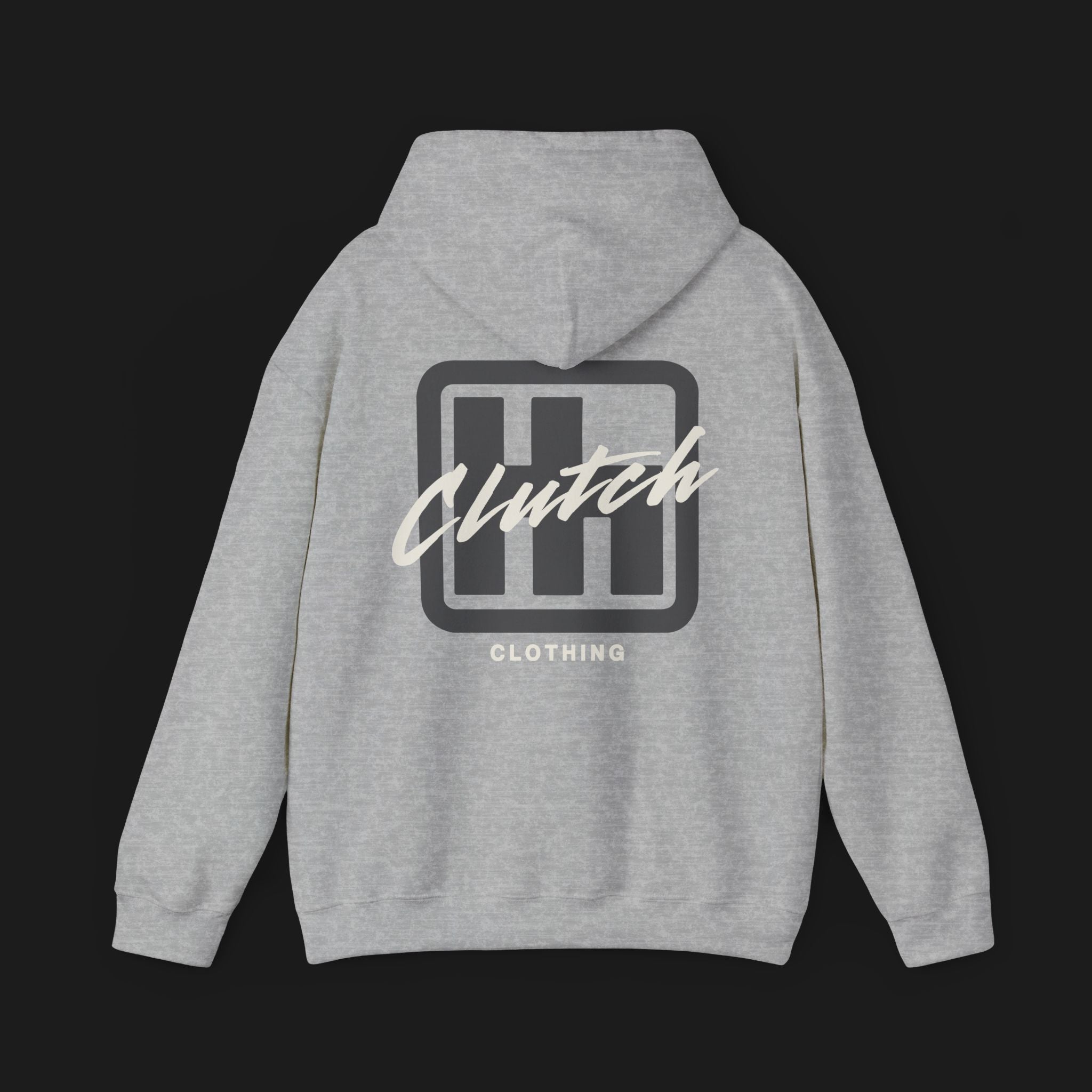 Clutch Clothing Unisex Automotive Graphic Hoodie – Sport Grey hoodie featuring a bold 'Clutch' logo with a stylized 'H' shifter design and script text overlay. Ideal for car enthusiasts and casual streetwear."
