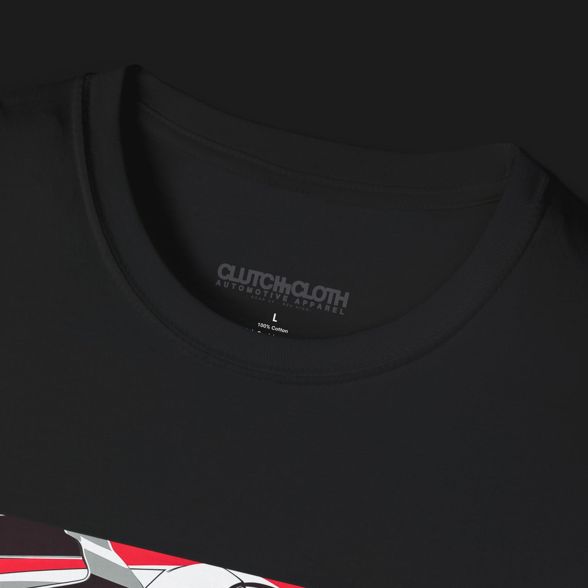 Collar of 1970 2000GT-R Fuji Speedway Heritage Automotive Graphic T-Shirt – Black unisex tee featuring a classic 1970 2000GT-R in front of a stylized Fuji Speedway background in red and white. Ideal gift for vintage car enthusiasts and JDM lovers.