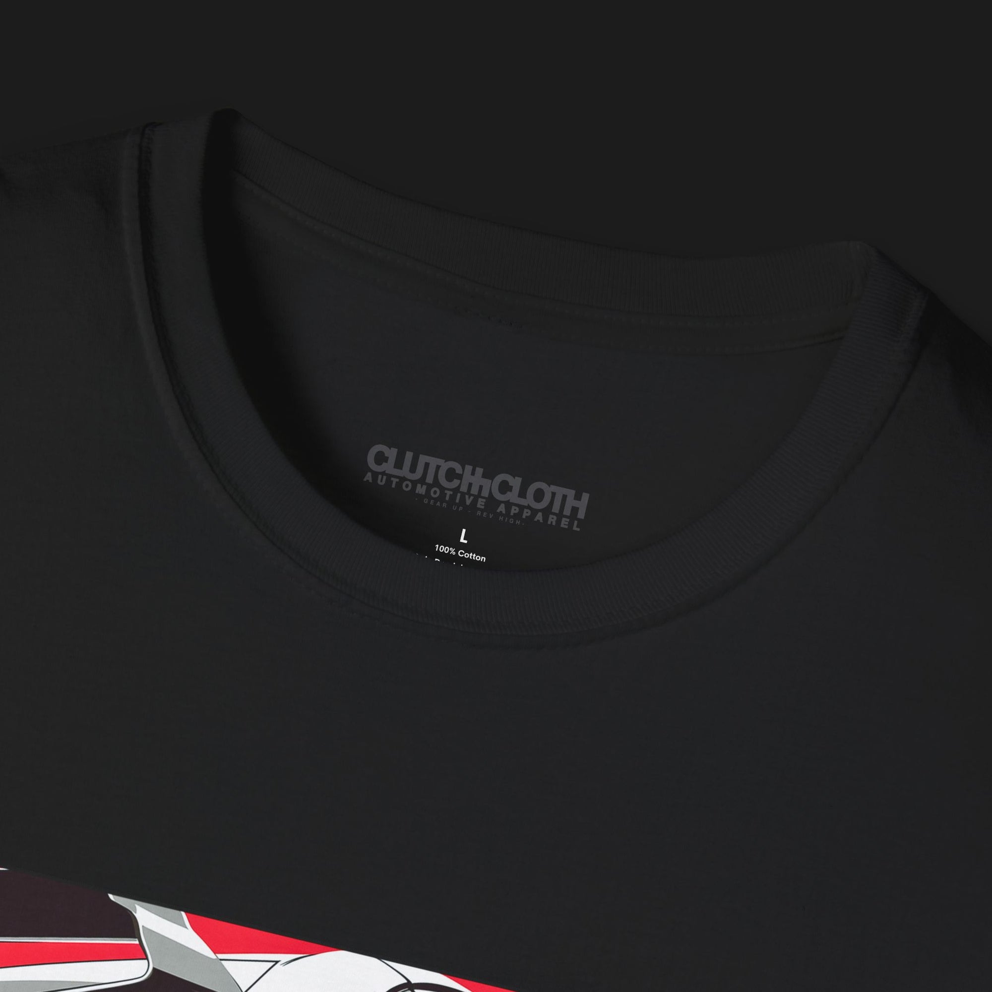 Collar of 1970 2000GT-R Fuji Speedway Heritage Automotive Graphic T-Shirt – Black unisex tee featuring a classic 1970 2000GT-R in front of a stylized Fuji Speedway background in red and white. Ideal gift for vintage car enthusiasts and JDM lovers.