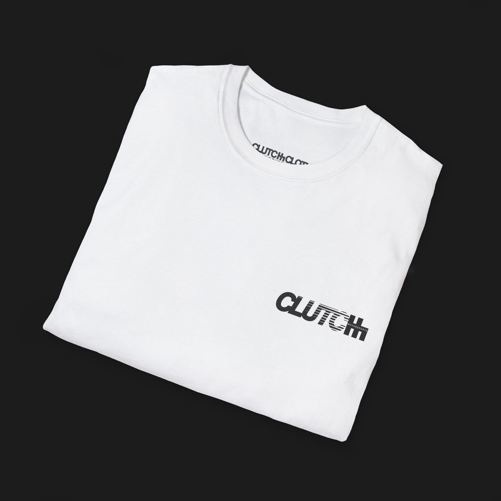 Folded Clutch Motorsports Automotive Graphic T-Shirt – White unisex tee featuring a bold geometric motorsports-inspired design on the back. A perfect gift for car enthusiasts and racing fans.