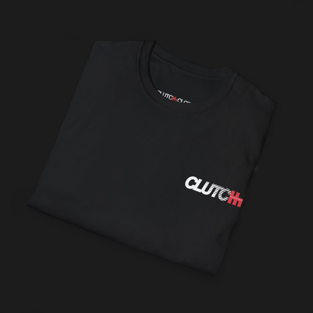 Folded Clutch Motorsports Automotive Graphic T-Shirt – Black unisex tee featuring a bold geometric motorsports-inspired design on the back. A perfect gift for car enthusiasts and racing fans.