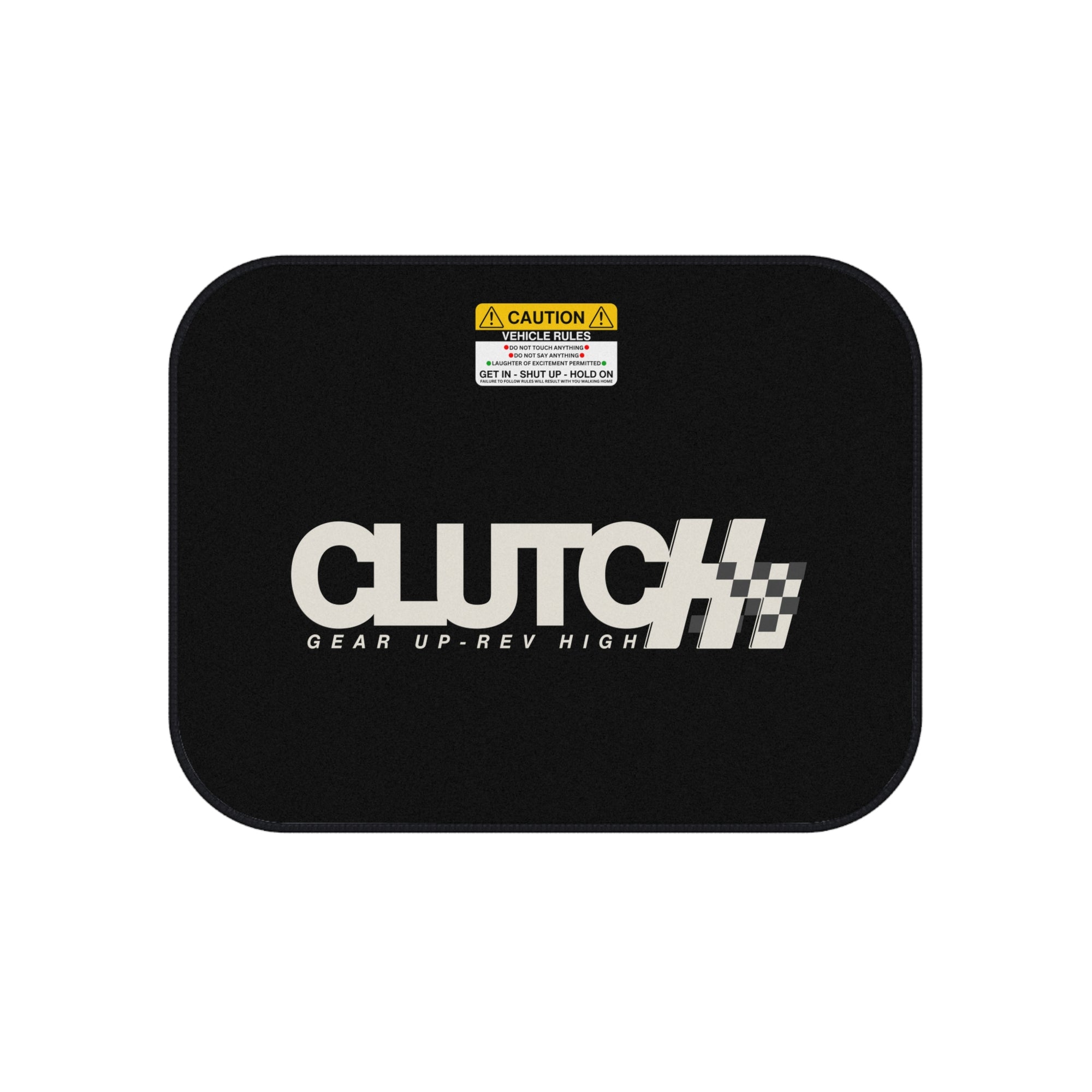 Clutch Car Mat Set – Rear Premium  car mat set featuring the Clutch logo and "Gear Up, Rev High" tagline. Designed for durability and style, perfect for automotive enthusiasts.