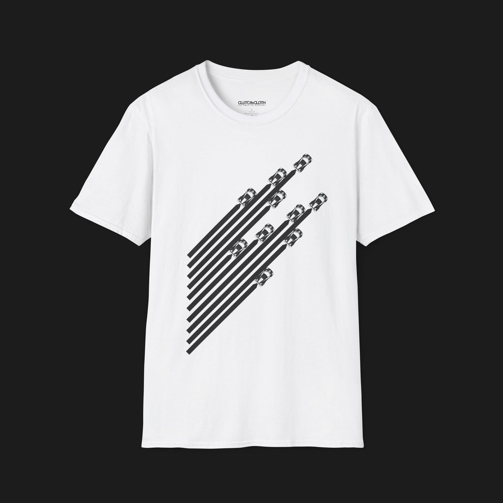 Front of V8 Racing Stripes Automotive Graphic T-Shirt – White unisex tee featuring a series of sleek black racing stripes with V8 cars in a diagonal formation. Perfect gift for motorsport and muscle car enthusiasts.