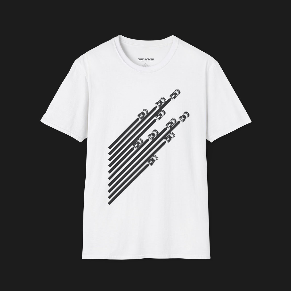 Front of V8 Racing Stripes Automotive Graphic T-Shirt – White unisex tee featuring a series of sleek black racing stripes with V8 cars in a diagonal formation. Perfect gift for motorsport and muscle car enthusiasts.