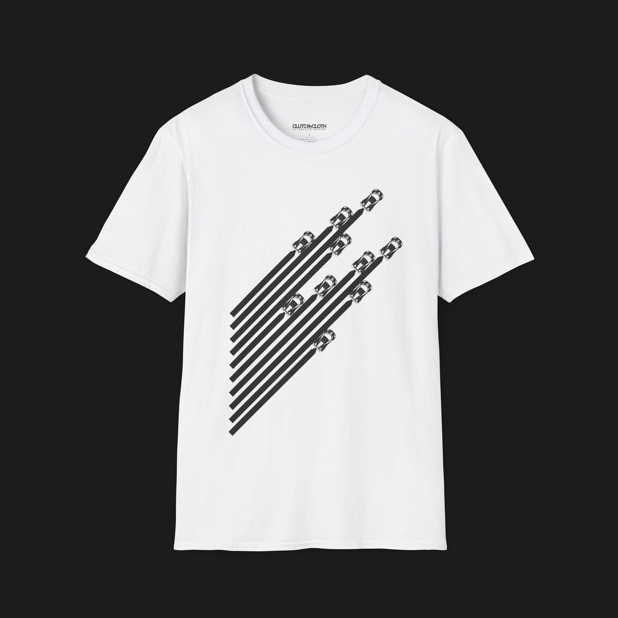 Front of V8 Racing Stripes Automotive Graphic T-Shirt – White unisex tee featuring a series of sleek black racing stripes with V8 cars in a diagonal formation. Perfect gift for motorsport and muscle car enthusiasts.