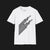 Front of V8 Racing Stripes Automotive Graphic T-Shirt – White unisex tee featuring a series of sleek black racing stripes with V8 cars in a diagonal formation. Perfect gift for motorsport and muscle car enthusiasts.