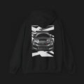 Back of Gravel Goblin Unisex Heavy Blend Automotive Graphic Hoodie – Black hoodie featuring a detailed front graphic of a Subaru WRX STI with geometric white and black background design. Ideal for car enthusiasts and JDM fans.