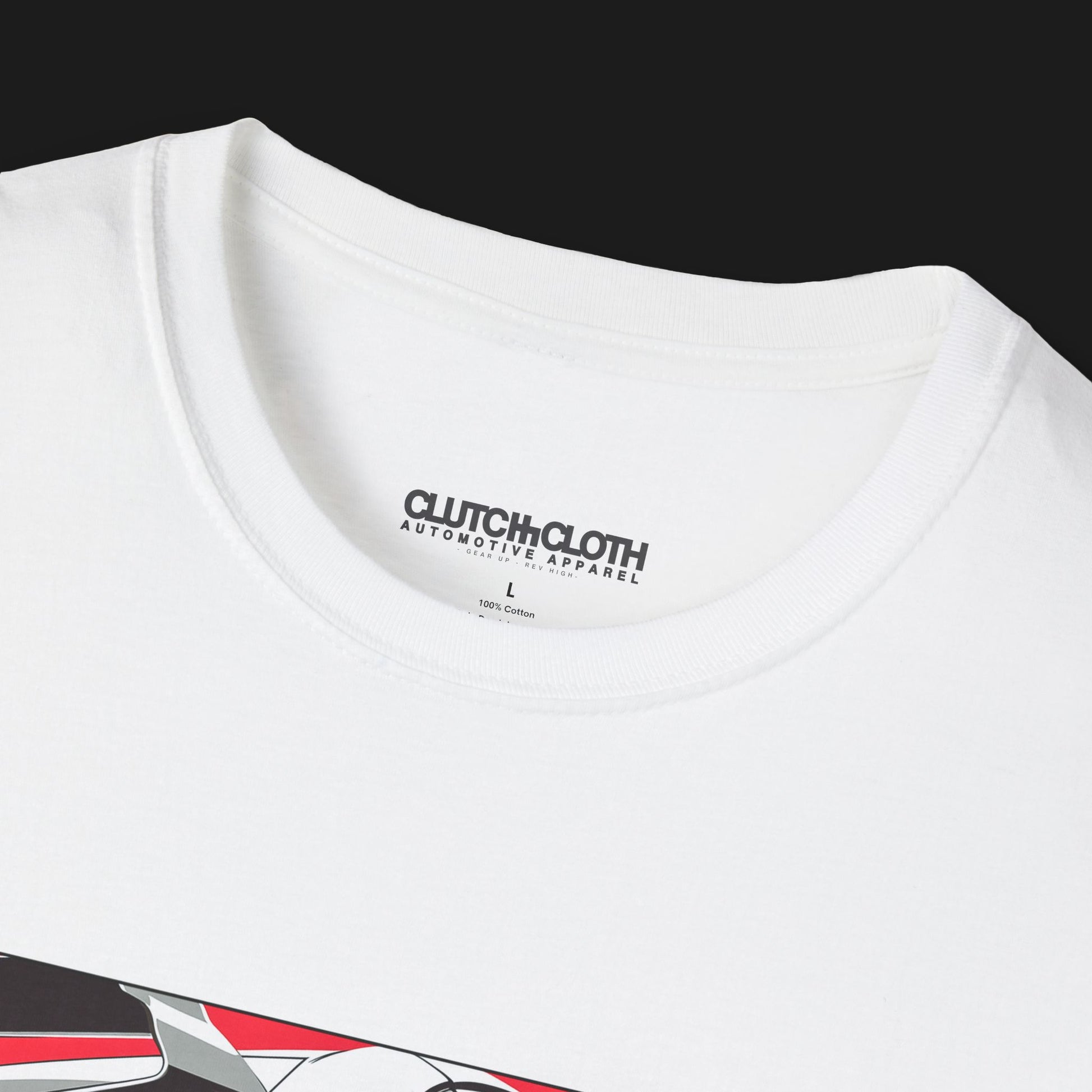 Collar of 1970 2000GT-R Fuji Speedway Heritage Automotive Graphic T-Shirt – White unisex tee featuring a classic 1970 2000GT-R in front of a stylized Fuji Speedway background in red and white. Ideal gift for vintage car enthusiasts and JDM lovers.