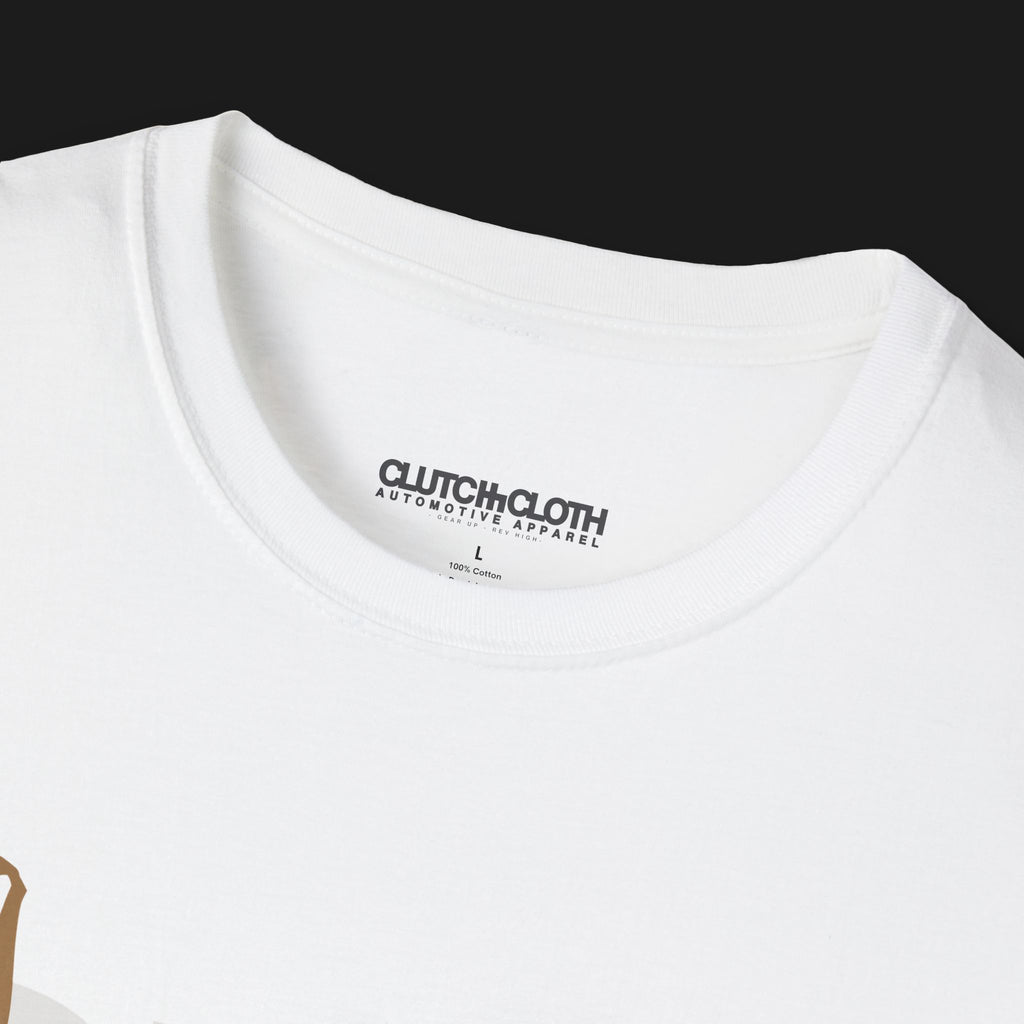 Collar of White R34 GT-R Automotive Graphic T-Shirt featuring a blue Nissan Skyline with gold accents and Japanese calligraphy design, unisex car enthusiast gift