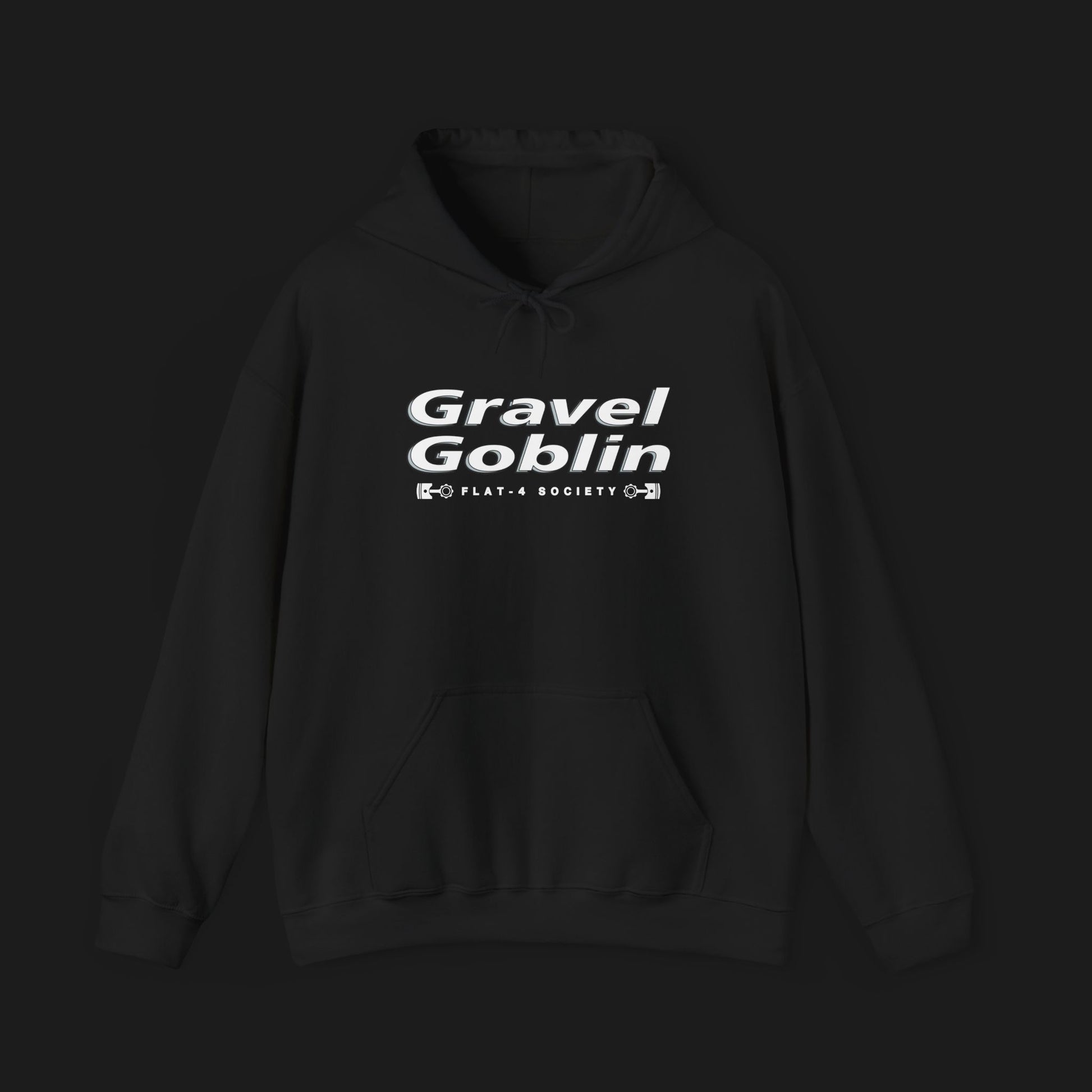 Front of Gravel Goblin Unisex Heavy Blend Automotive Graphic Hoodie – Black hoodie featuring a detailed front graphic of a Subaru WRX STI with geometric white and black background design. Ideal for car enthusiasts and JDM fans.