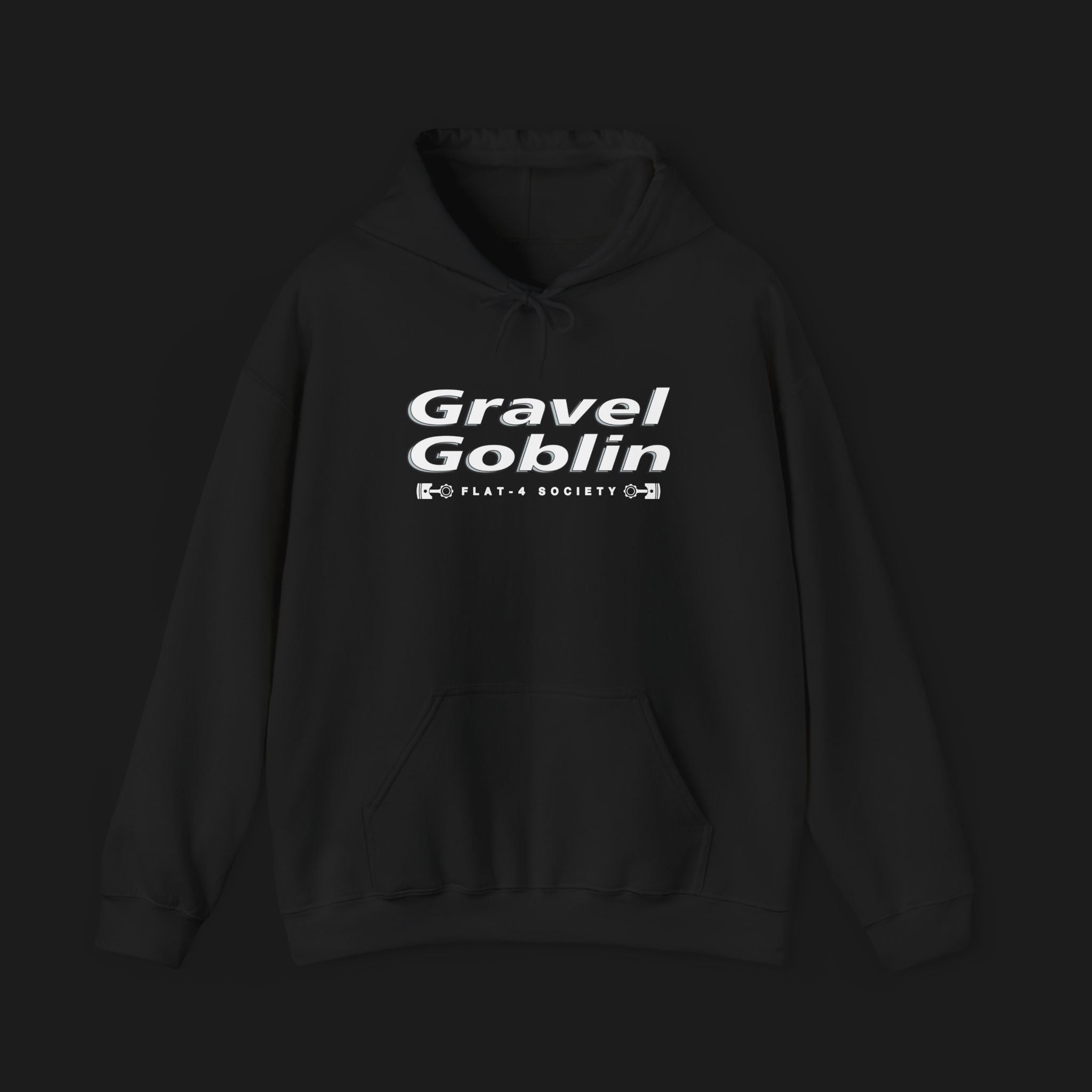 Front of Gravel Goblin Unisex Heavy Blend Automotive Graphic Hoodie – Black hoodie featuring a detailed front graphic of a Subaru WRX STI with geometric white and black background design. Ideal for car enthusiasts and JDM fans.