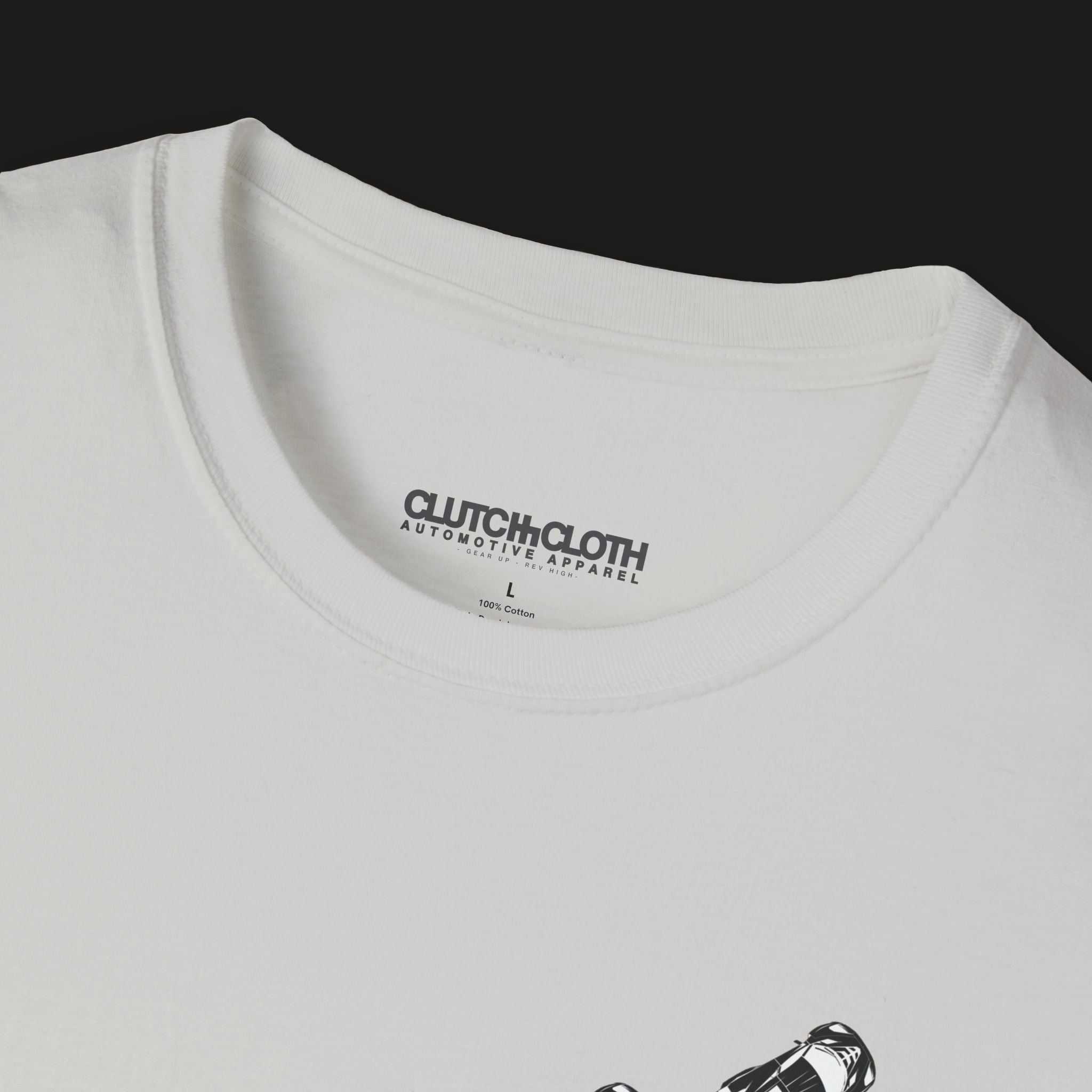 Collar of V8 Racing Stripes Automotive Graphic T-Shirt – Ice White unisex tee featuring a series of sleek black racing stripes with V8 cars in a diagonal formation. Perfect gift for motorsport and muscle car enthusiasts.
