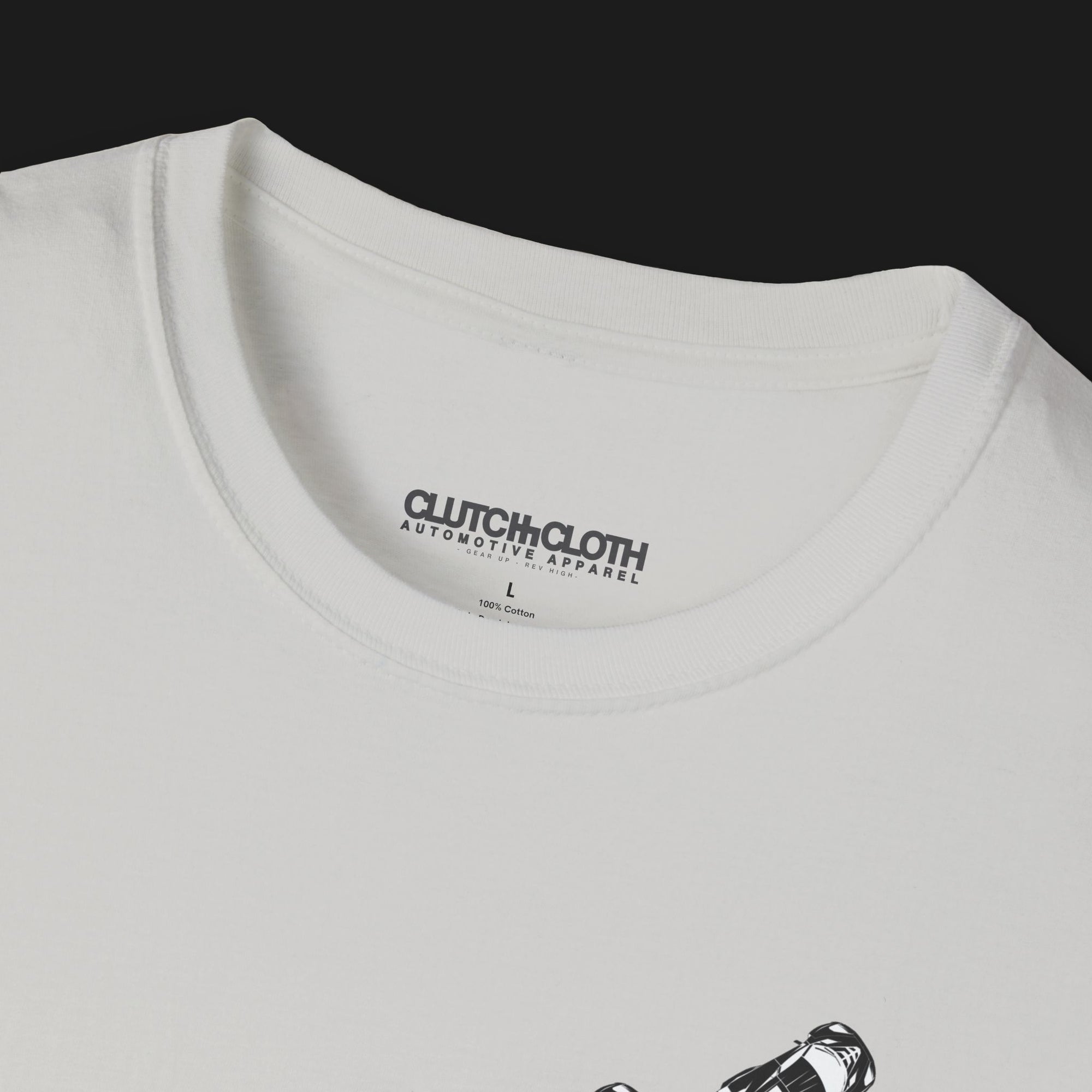 Collar of V8 Racing Stripes Automotive Graphic T-Shirt – Ice White unisex tee featuring a series of sleek black racing stripes with V8 cars in a diagonal formation. Perfect gift for motorsport and muscle car enthusiasts.