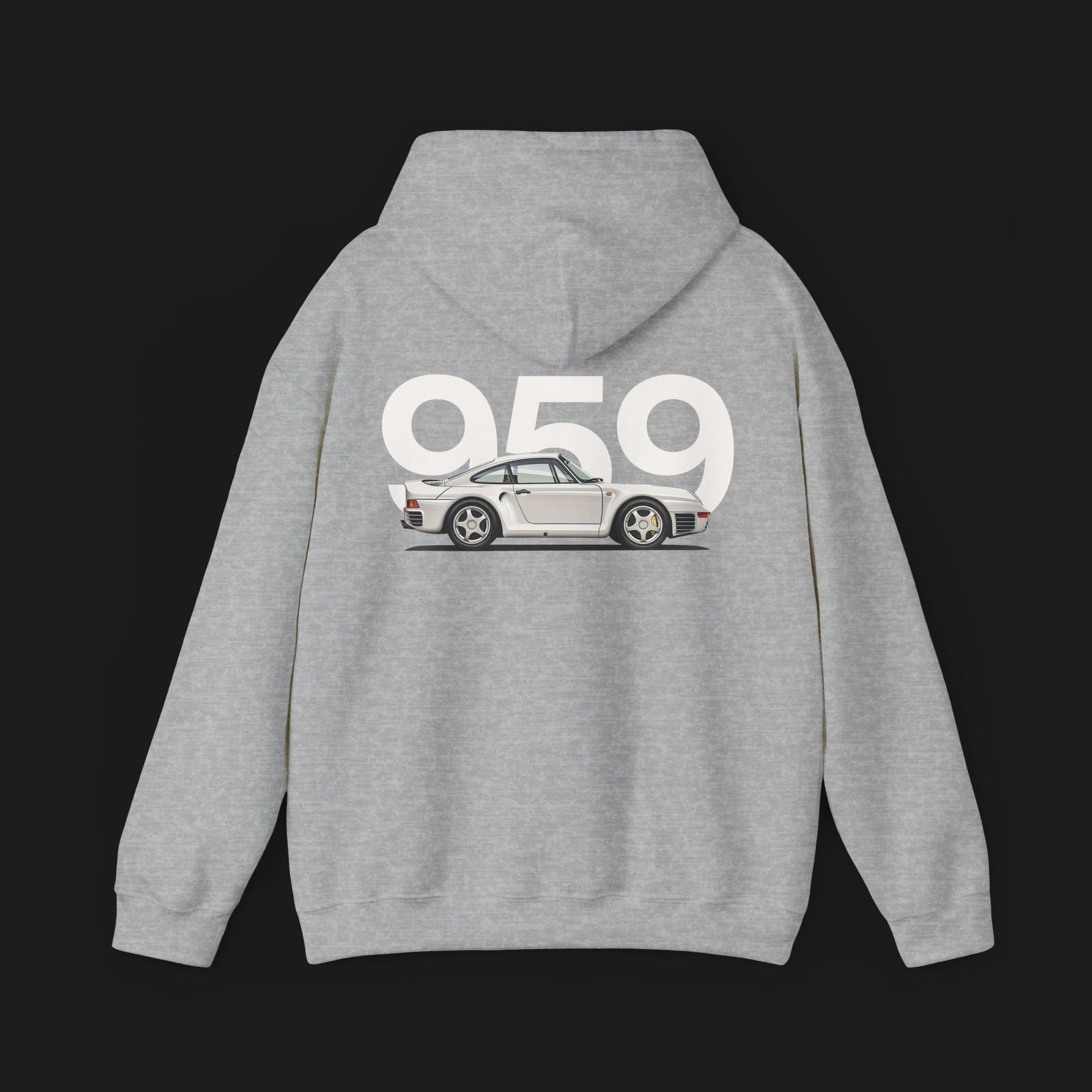 Back of 959 Classic Automotive Graphic Hoodie – Sport Grey unisex hoodie featuring a side profile of a Porsche 959 with large '959' text in white. Perfect for classic car and Porsche enthusiasts.