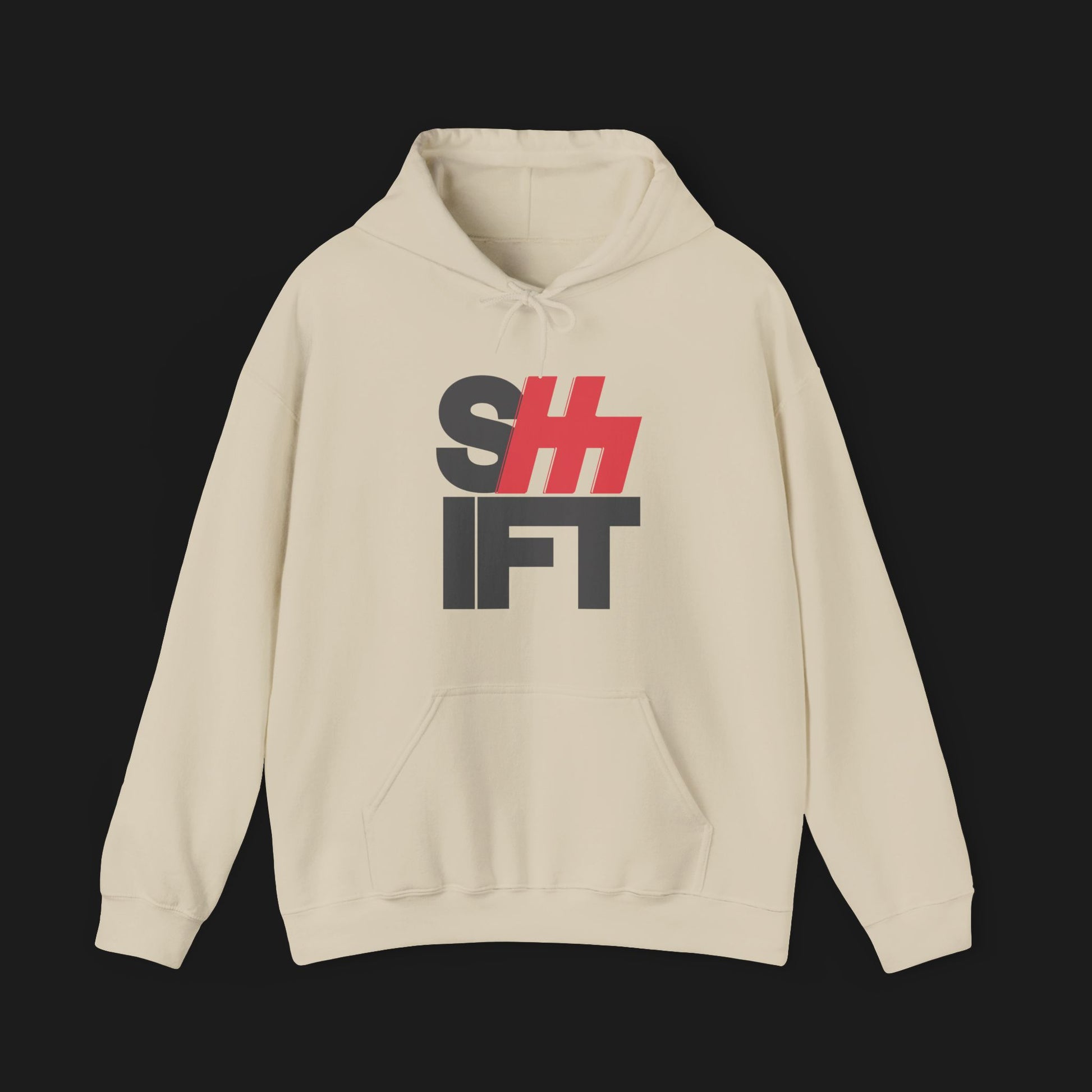 Front of SHIFT - ClutchCloth Classic Automotive Pullover Hoodie – Beige unisex hoodie featuring bold black and red 'SHIFT' graphic with a stylized clutch design. Ideal for car lovers and streetwear fans