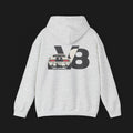 Back of 69 SS V8 Automotive Graphic Hoodie – Grey unisex hoodie featuring a detailed rear view of a 1969 Camaro SS with bold 'V8' lettering in black. Perfect for muscle car enthusiasts.