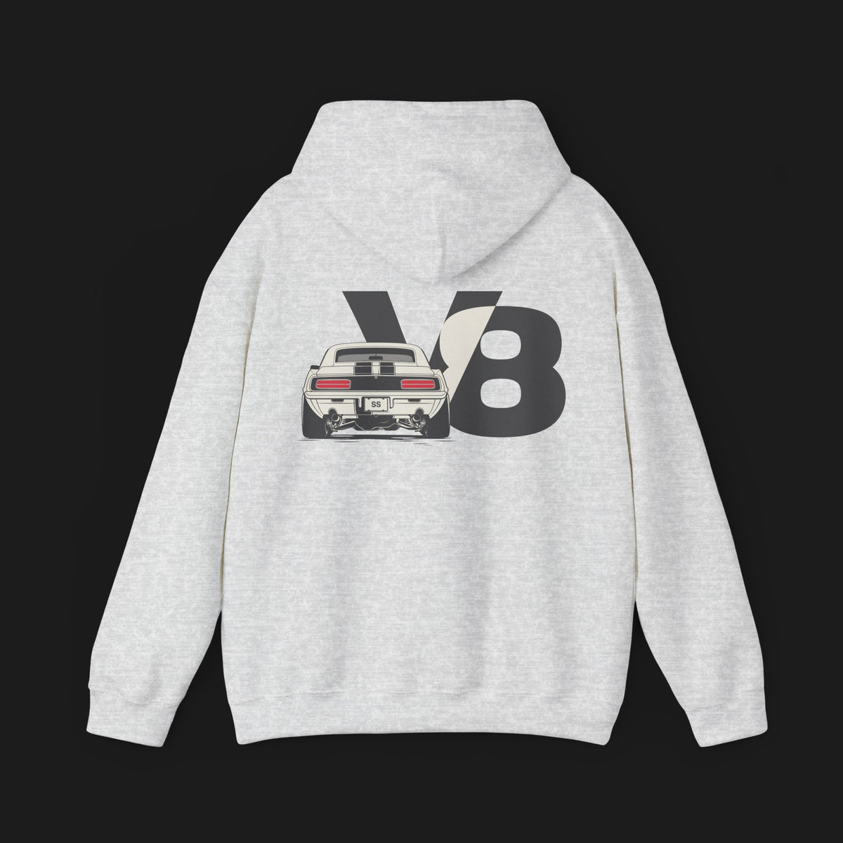 Back of 69 SS V8 Automotive Graphic Hoodie – Grey unisex hoodie featuring a detailed rear view of a 1969 Camaro SS with bold &#39;V8&#39; lettering in black. Perfect for muscle car enthusiasts.