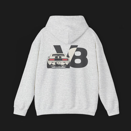 Back of 69 SS V8 Automotive Graphic Hoodie – Grey unisex hoodie featuring a detailed rear view of a 1969 Camaro SS with bold 'V8' lettering in black. Perfect for muscle car enthusiasts.