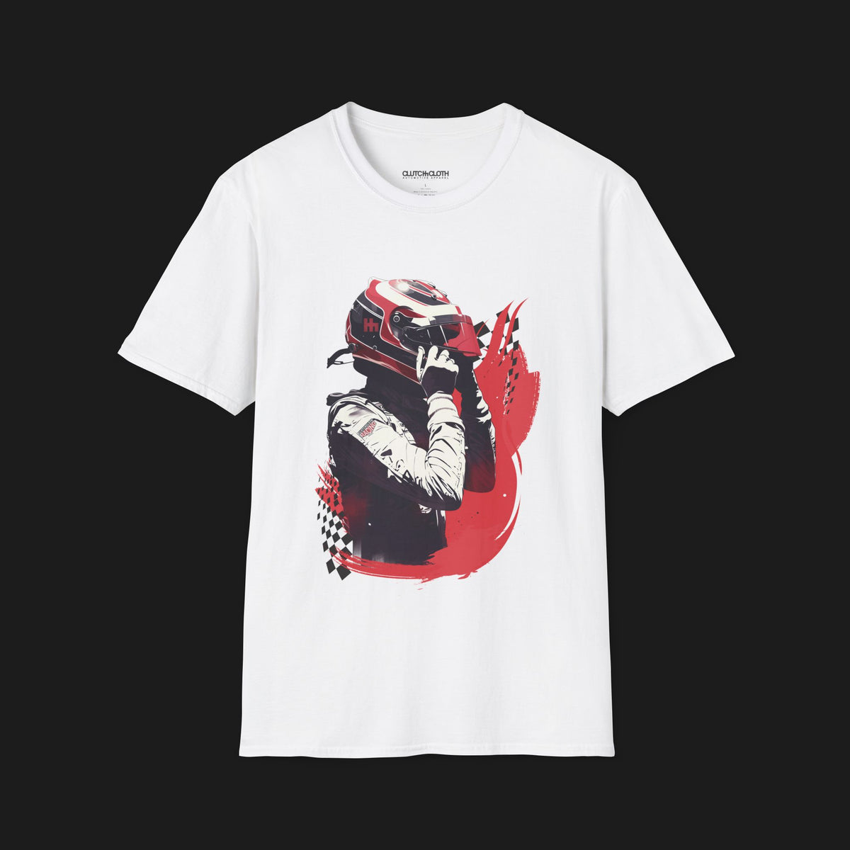 Front of Race Ready Automotive Graphic T-Shirt – White unisex tee featuring a racing driver adjusting a red and white helmet with checkered flag details. Perfect for motorsport enthusiasts and race fans.