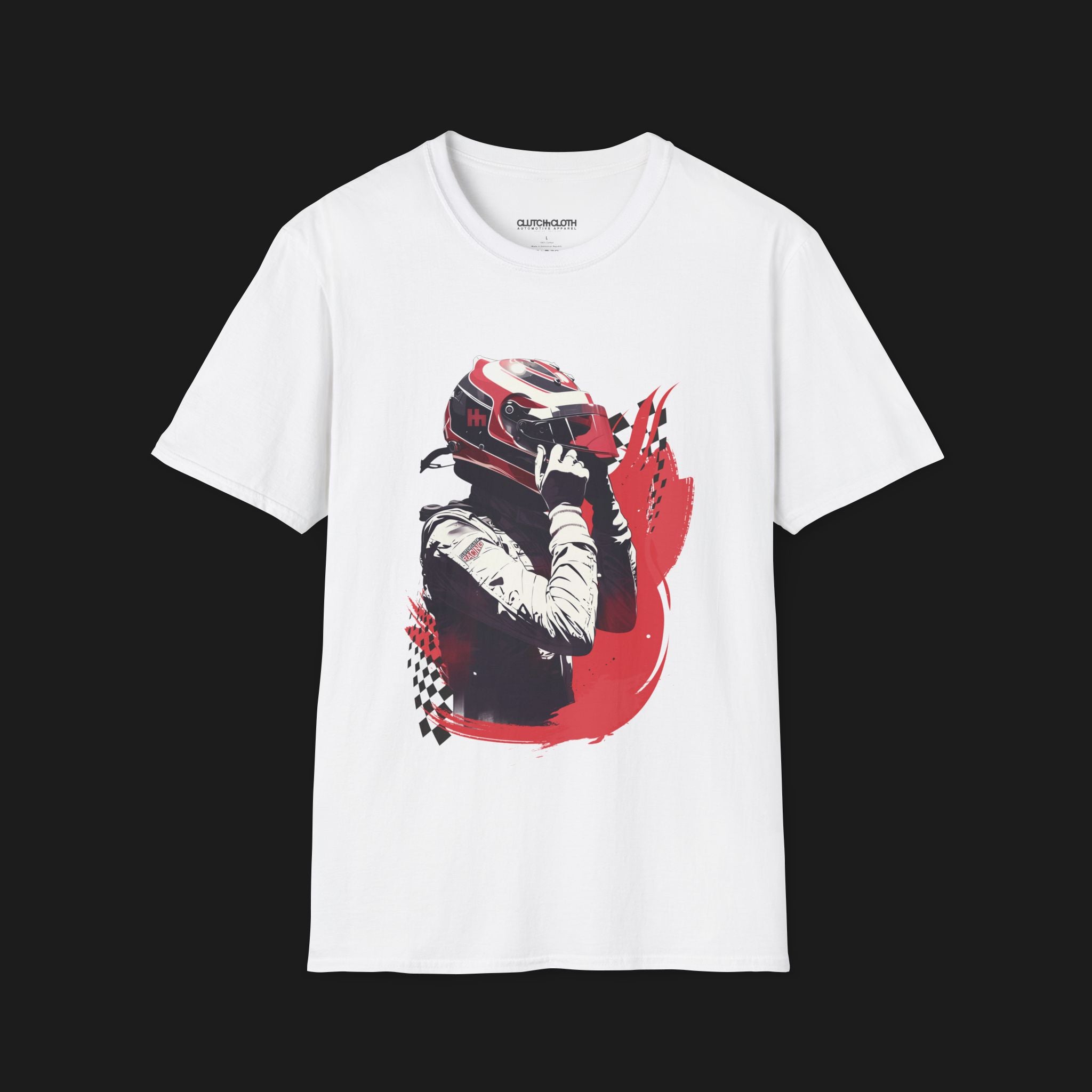 Front of Race Ready Automotive Graphic T-Shirt – White unisex tee featuring a racing driver adjusting a red and white helmet with checkered flag details. Perfect for motorsport enthusiasts and race fans.