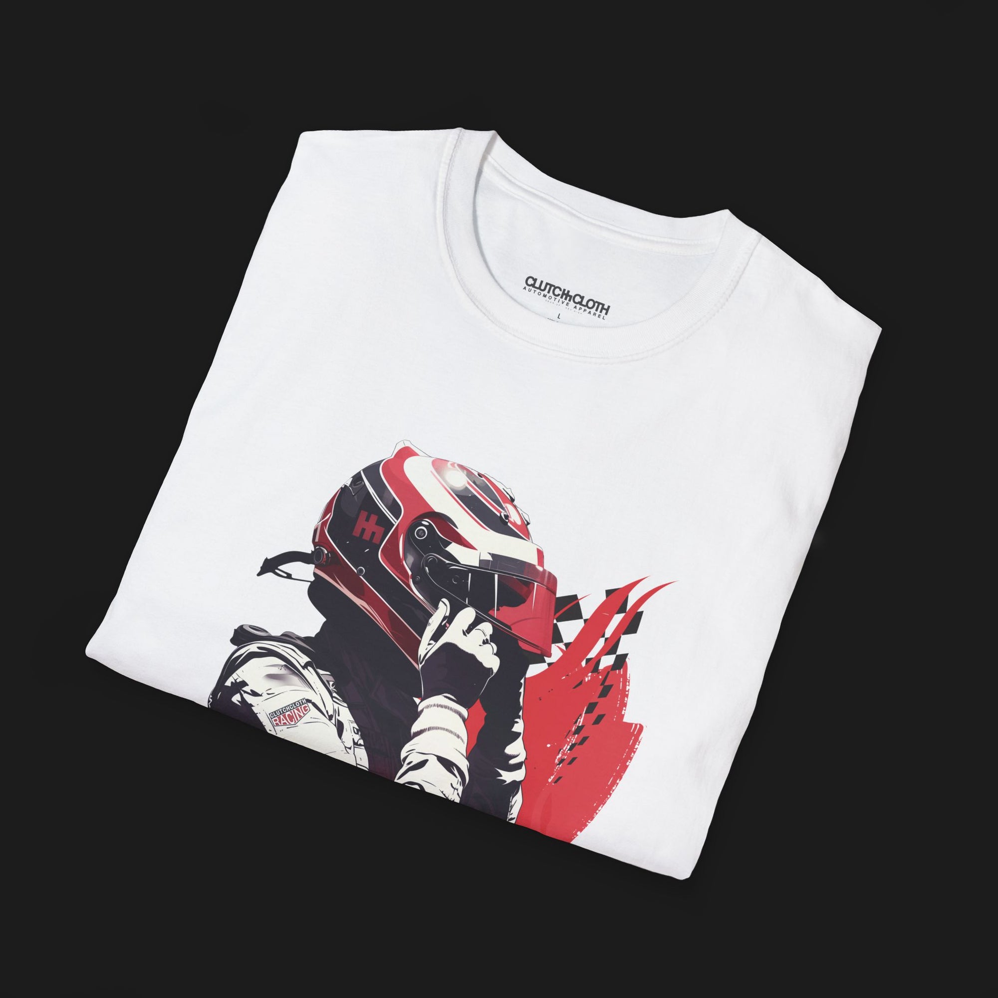 Folded Race Ready Automotive Graphic T-Shirt – White unisex tee featuring a racing driver adjusting a red and white helmet with checkered flag details. Perfect for motorsport enthusiasts and race fans.