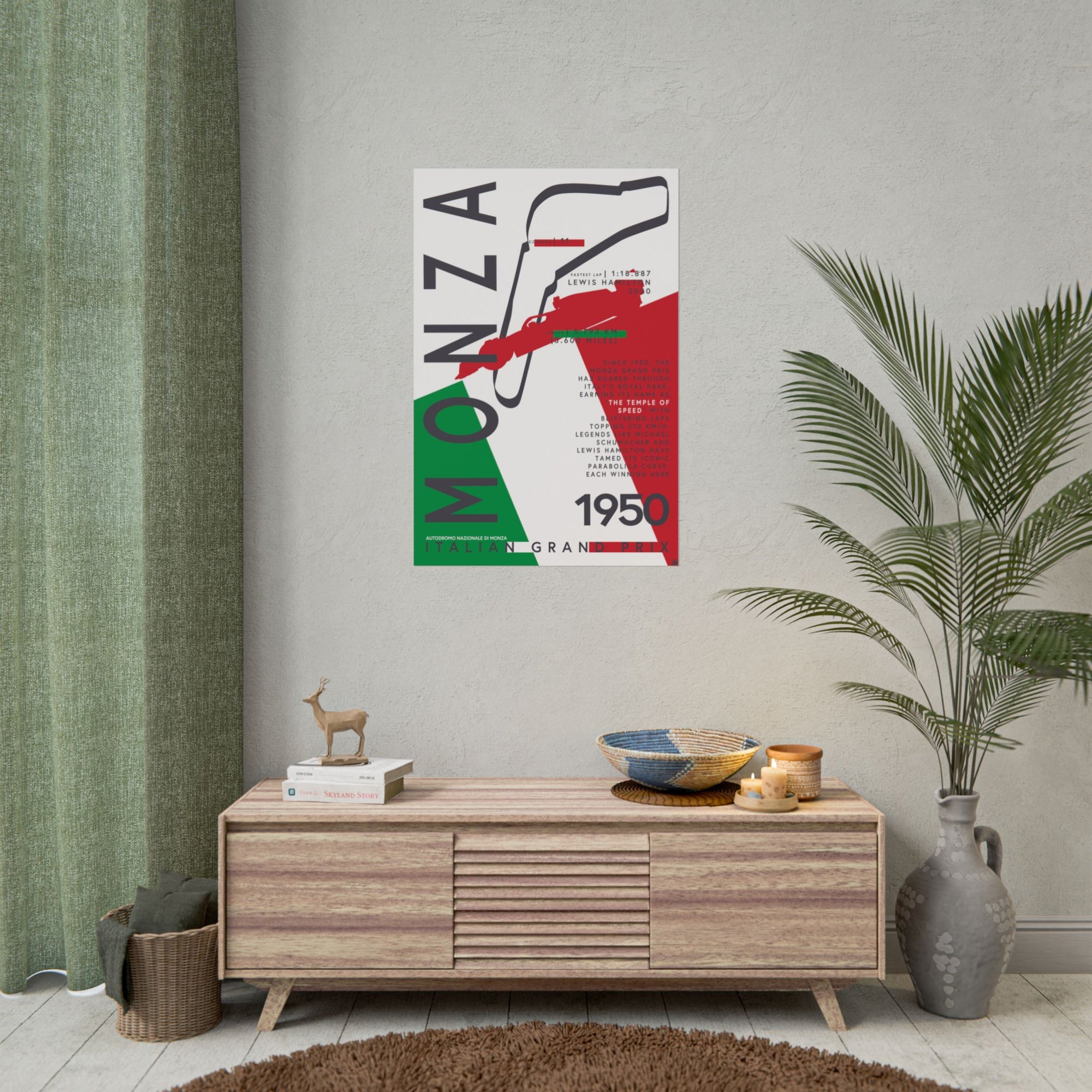 Monza F1 Grand Prix Temple of Speed Poster in Living Room Setting – Modern graphic design poster featuring the Monza F1 circuit outline with Italian flag colors, track statistics, and notable drivers. Ideal for Formula 1 and racing fans.