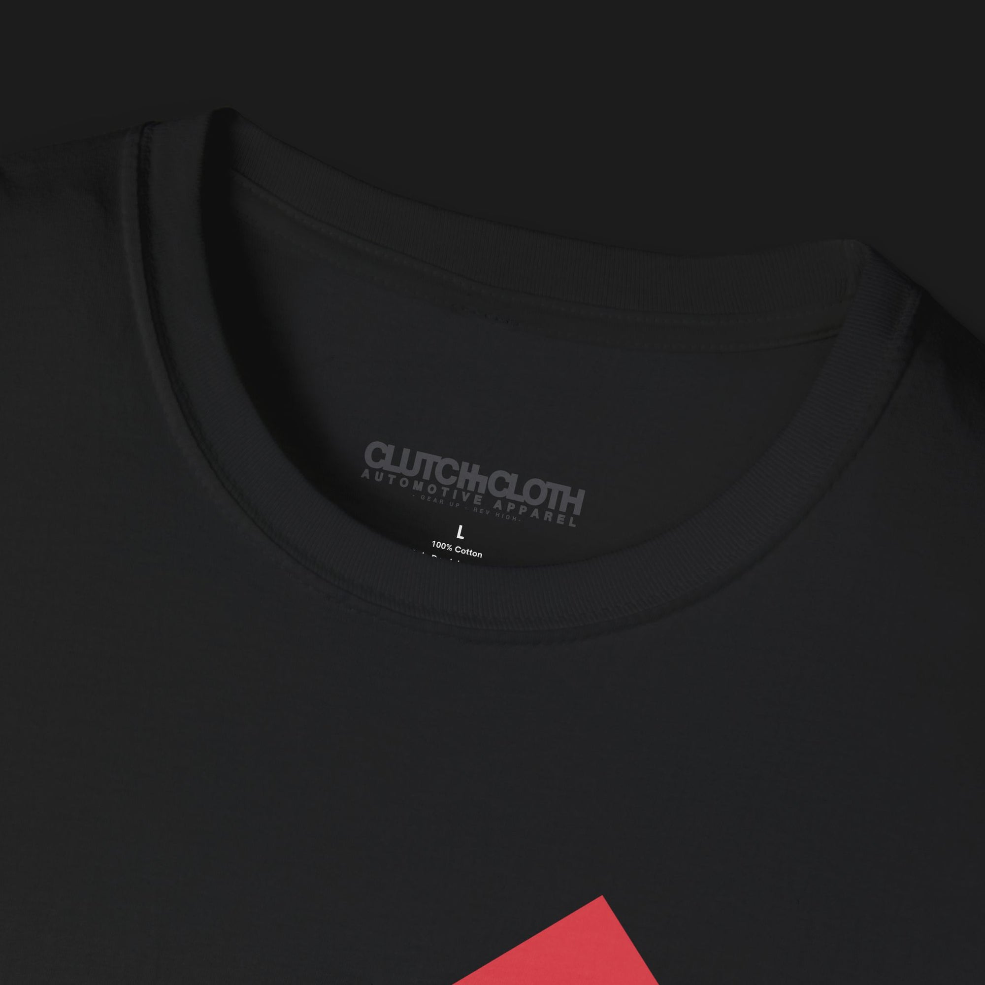 Collar of 911 GT-R Nemesis, Forever Rivals Automotive Graphic T-Shirt – Black unisex tee featuring a front-facing Porsche 911 and GT-R graphic with a red geometric background. Perfect gift for car enthusiasts and JDM fans.
